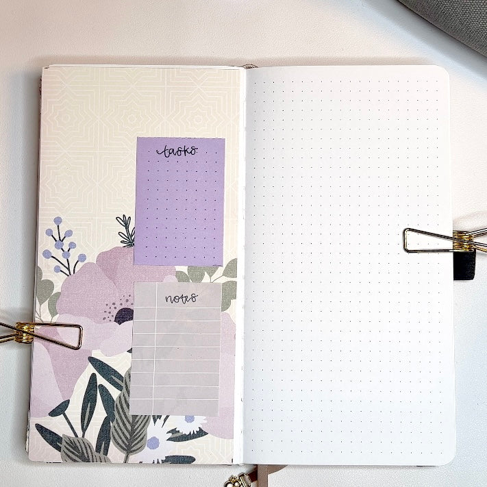 Image of a traveler's size bullet journal with the left page having a floral decorative paper background and two functional boxes on top, vertically