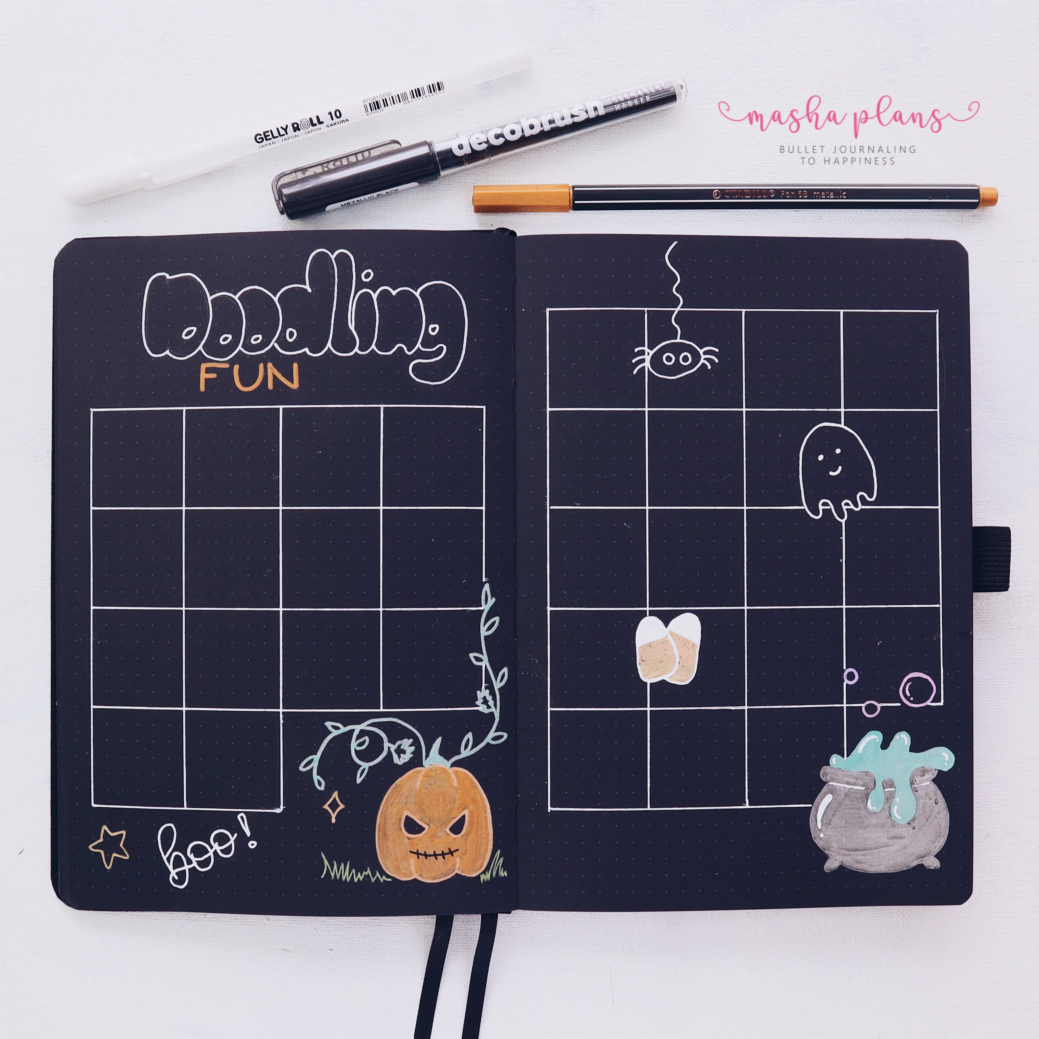 bullet journal, halloween bullet journal, blackout book, archer and olive, bujo, bullet journal page ideas, sakura gelly roll, halloween doodle