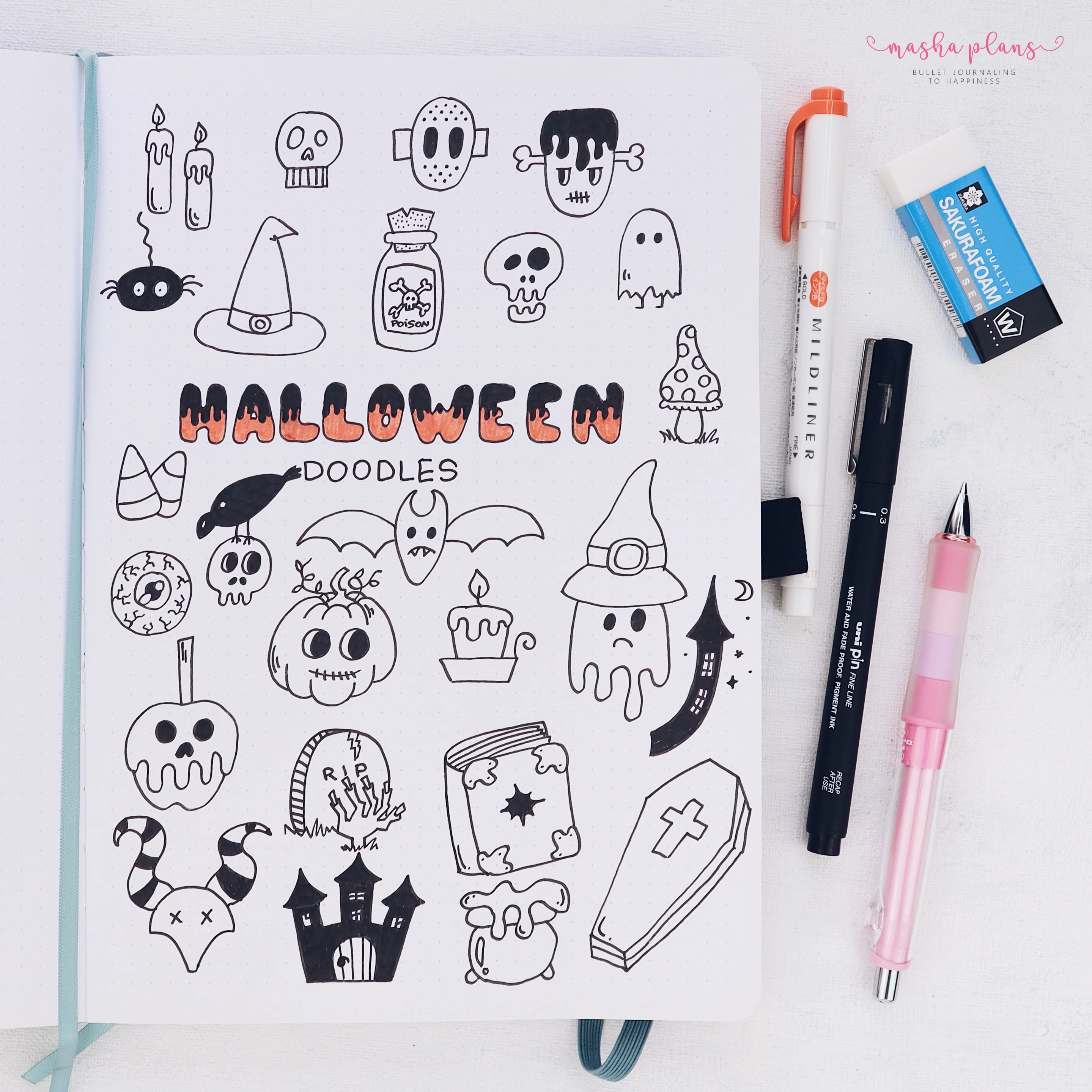 bullet journal, archer and olive, B5 notebook, halloween bullet journal, halloween doodles, how to doodle, bujo 