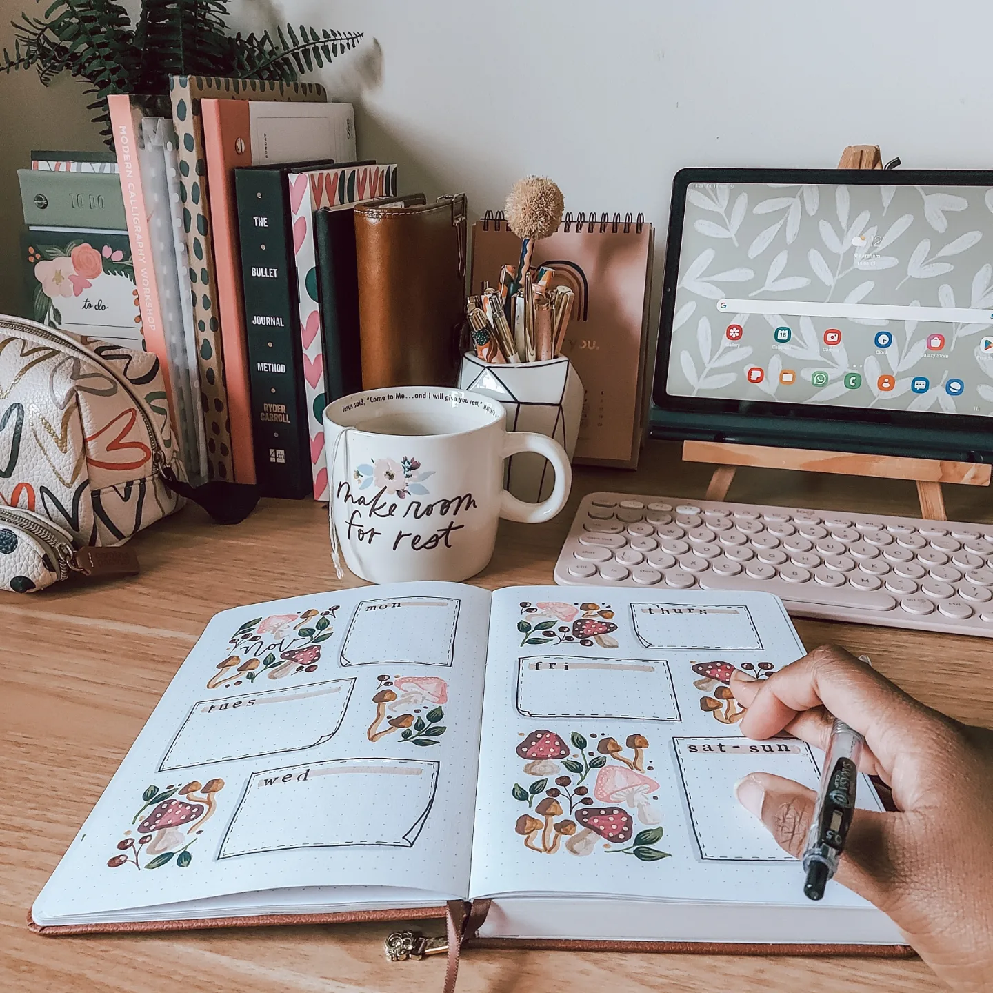 Bullet journal at desk with mug