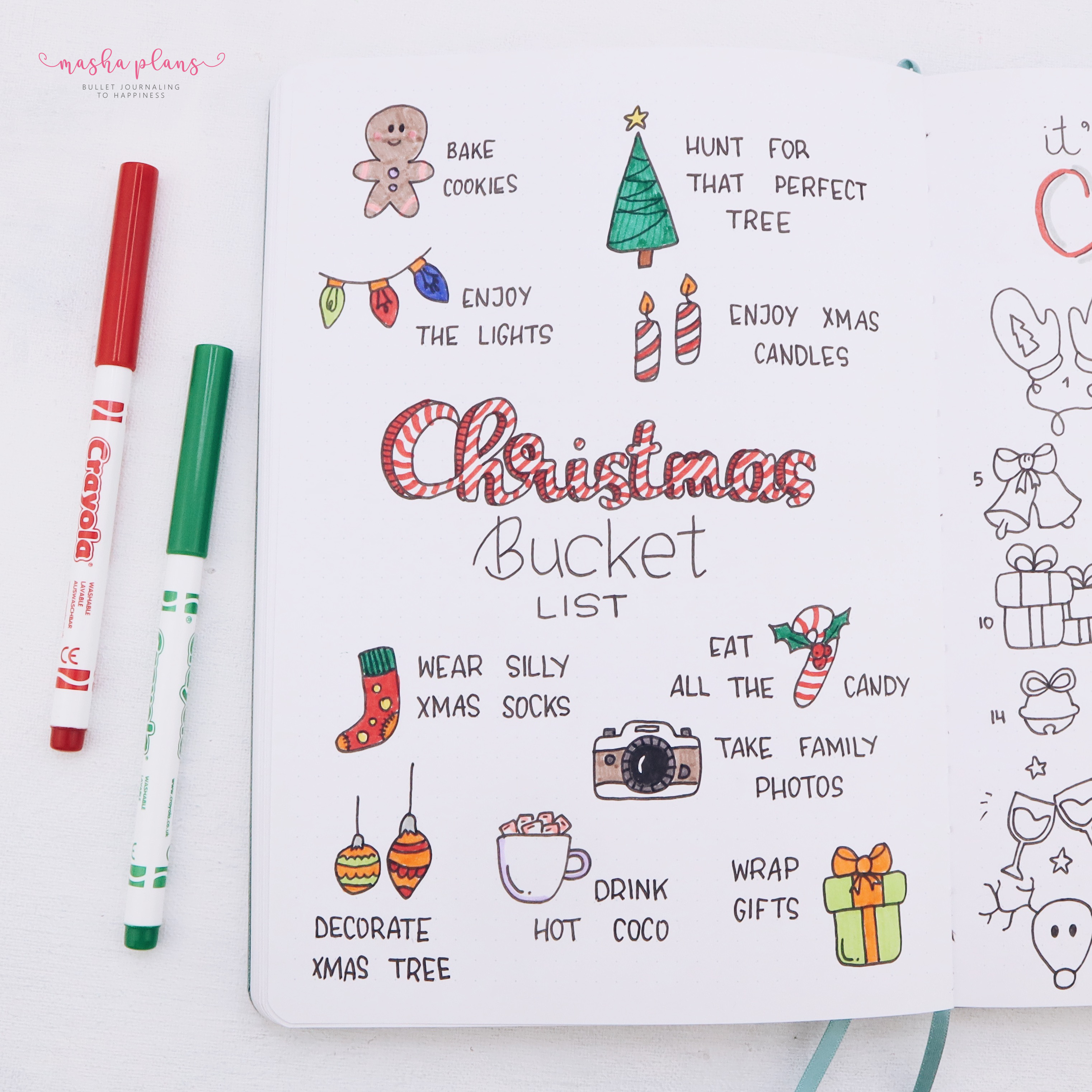 bullet journal, christmas bullet journal, bucket list, bullet journal page ideas, christmas bucket list, archer and olive, crayola super tips, B5 notebook