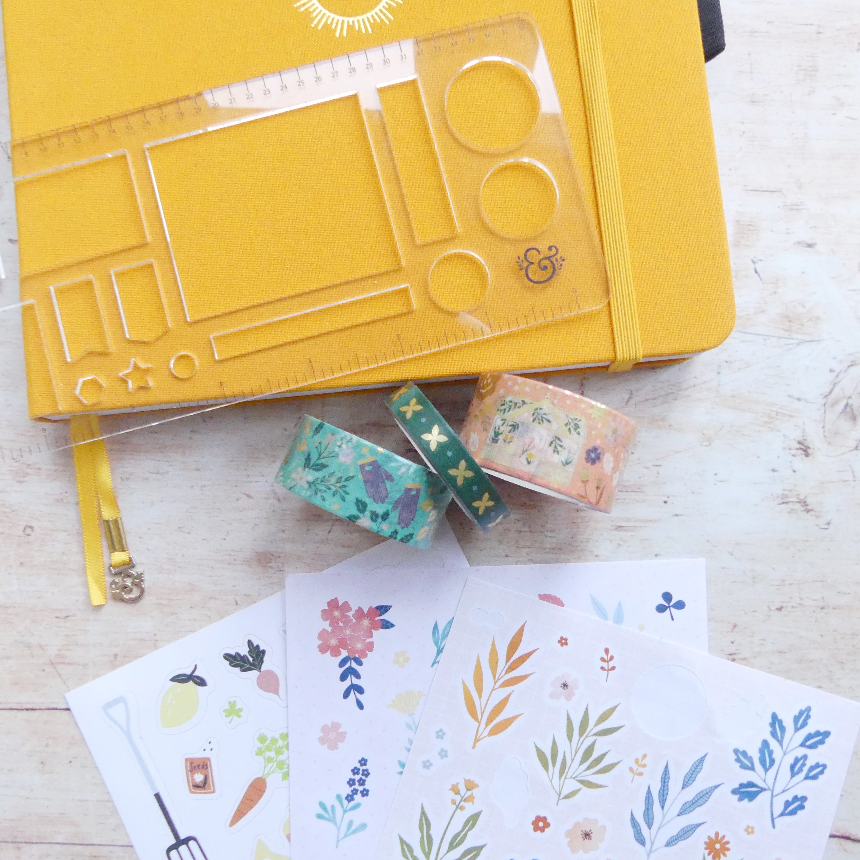 Plant themed washi and stickers with grid ruler and yellow journal