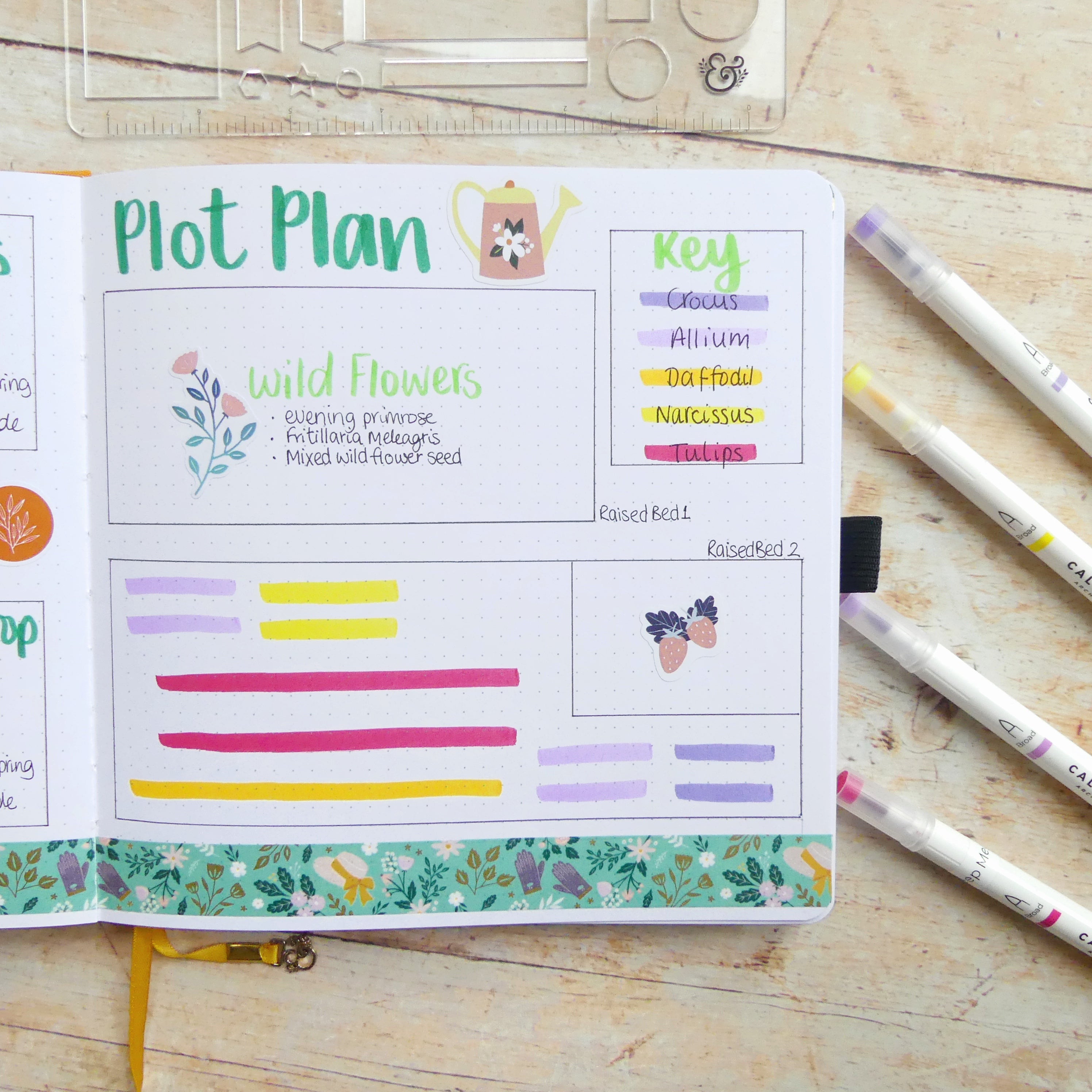 Completed plot plan showing colour coded flower bed layouts