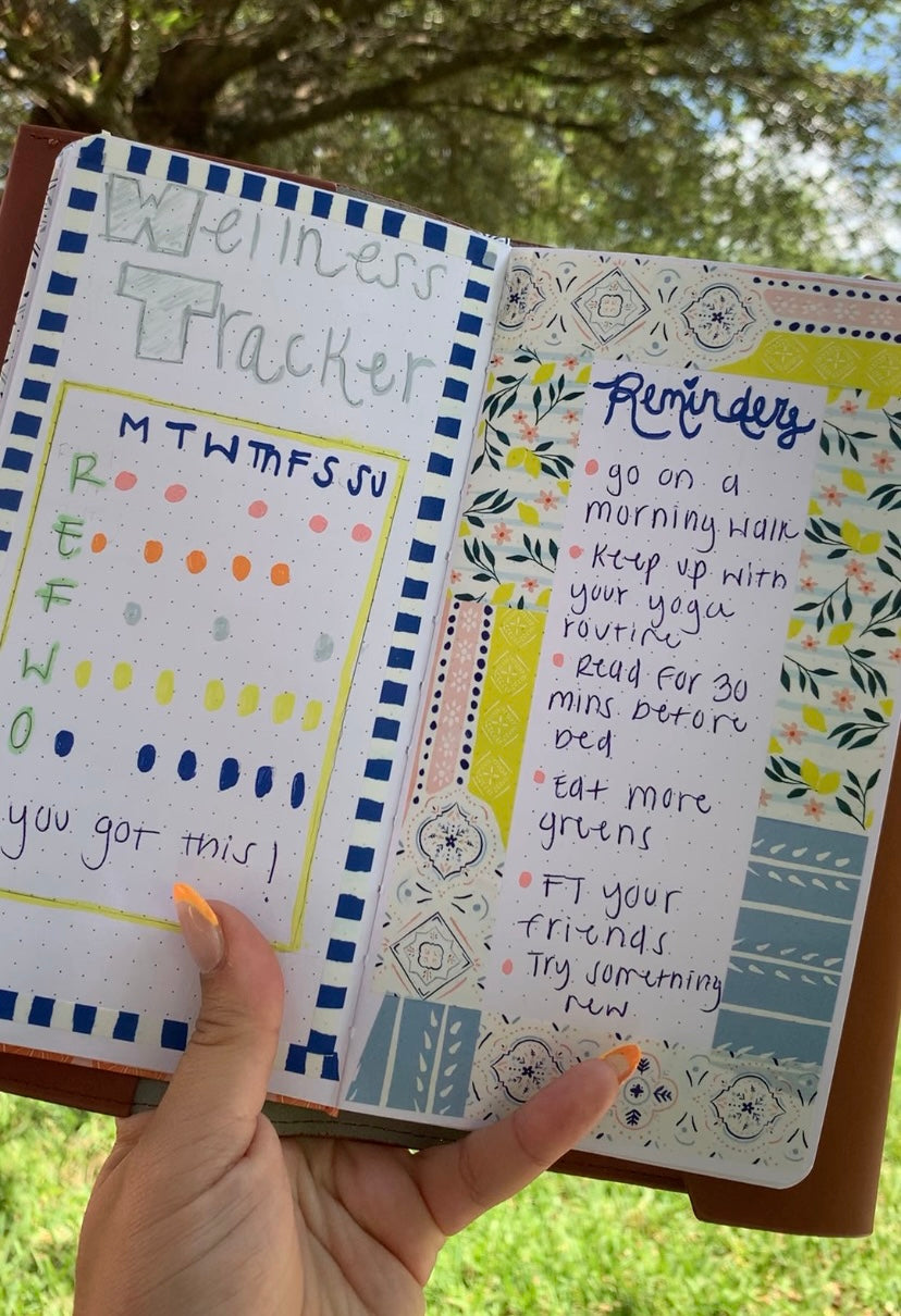 image of an open traveler's notebook, one page features a wellness tracker and the next page features a mental health reminders page