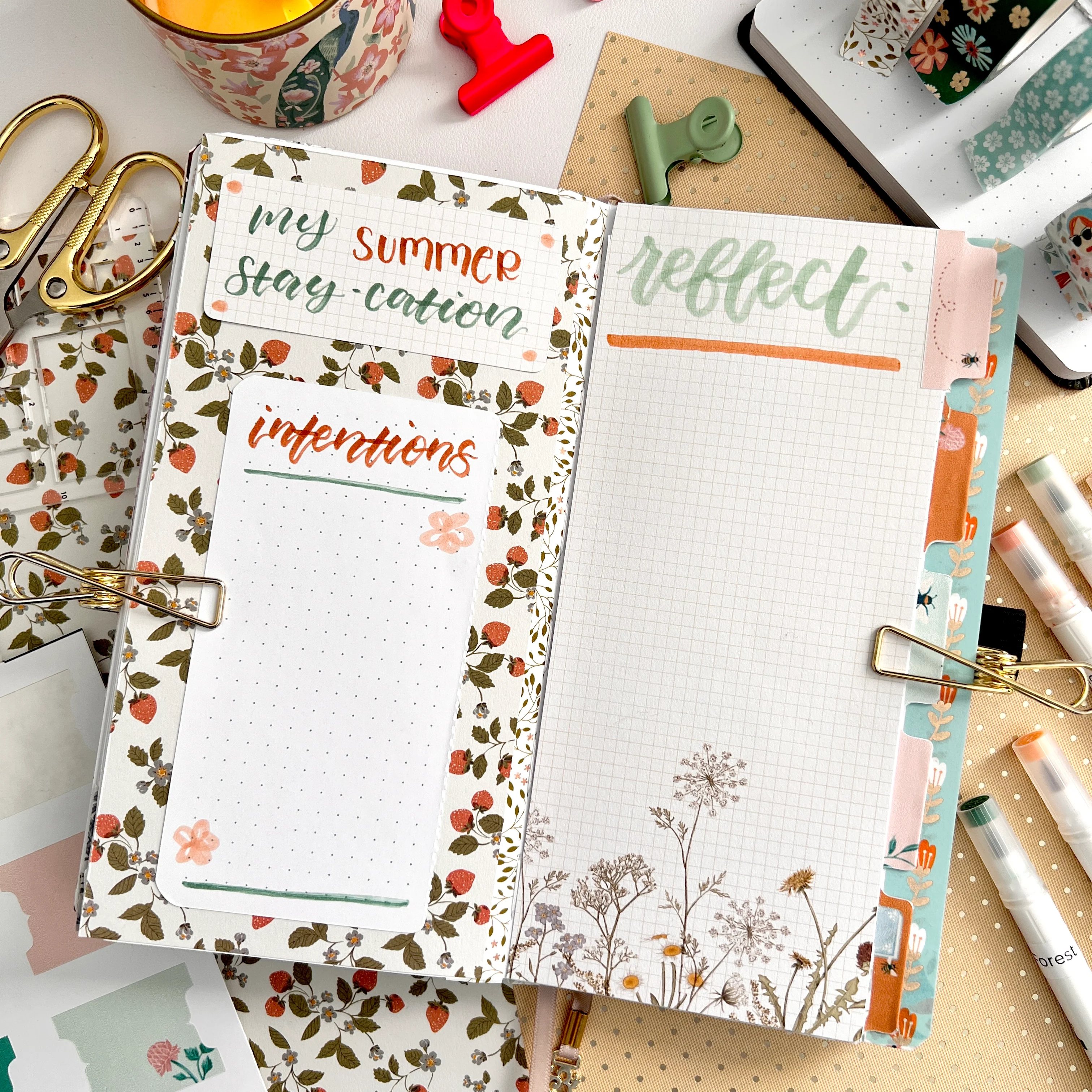 Traveler's size notebook in a flay lay photo surrounded by stationery, open to a full page spread showing a layout for setting intentions and space for reflection with a header that says "my summer stay-cation"