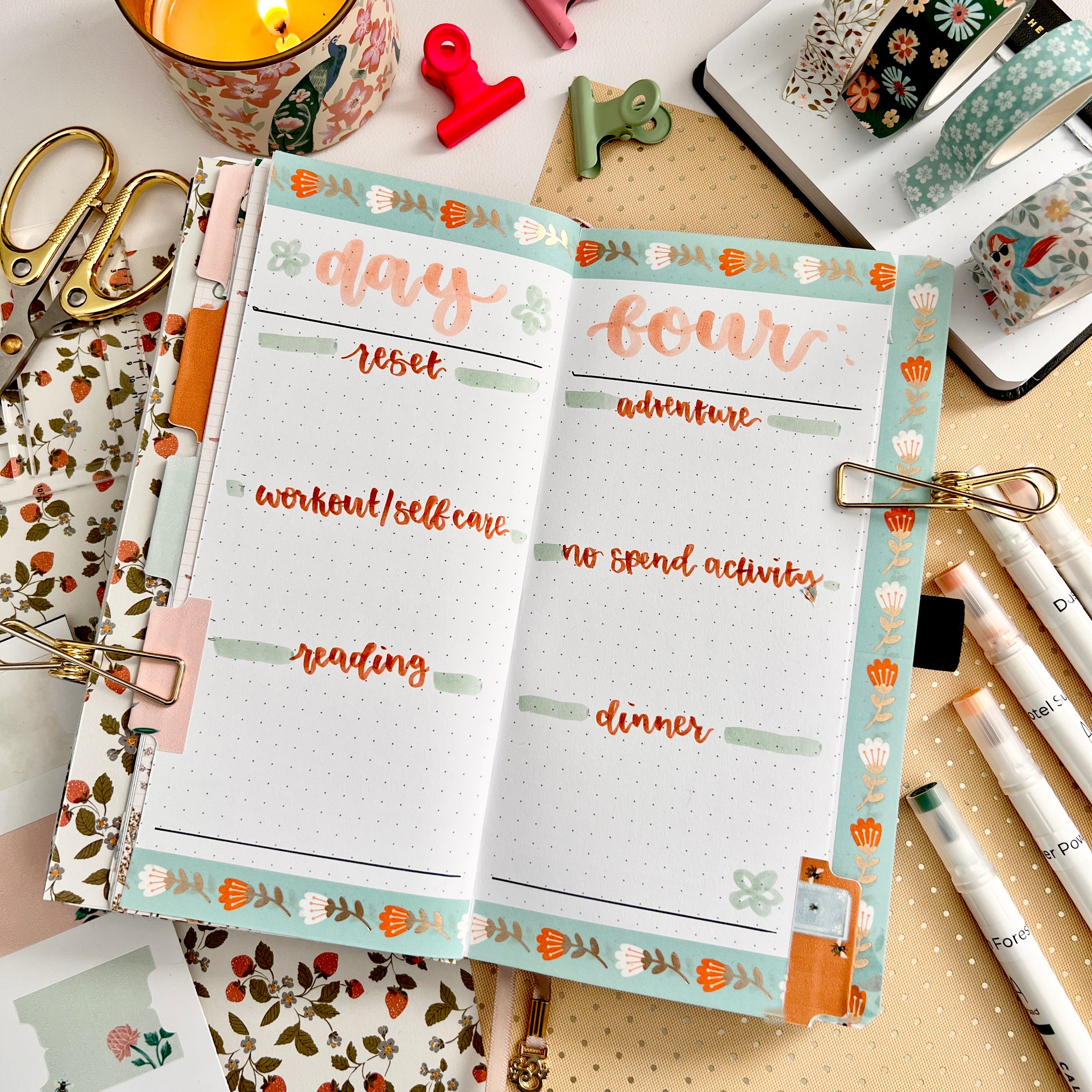 Traveler's size notebook in a flat lay photo, surrounded by stationery, open to a full page spread that says "Day Four" heading a layout with six staycation category ideas.