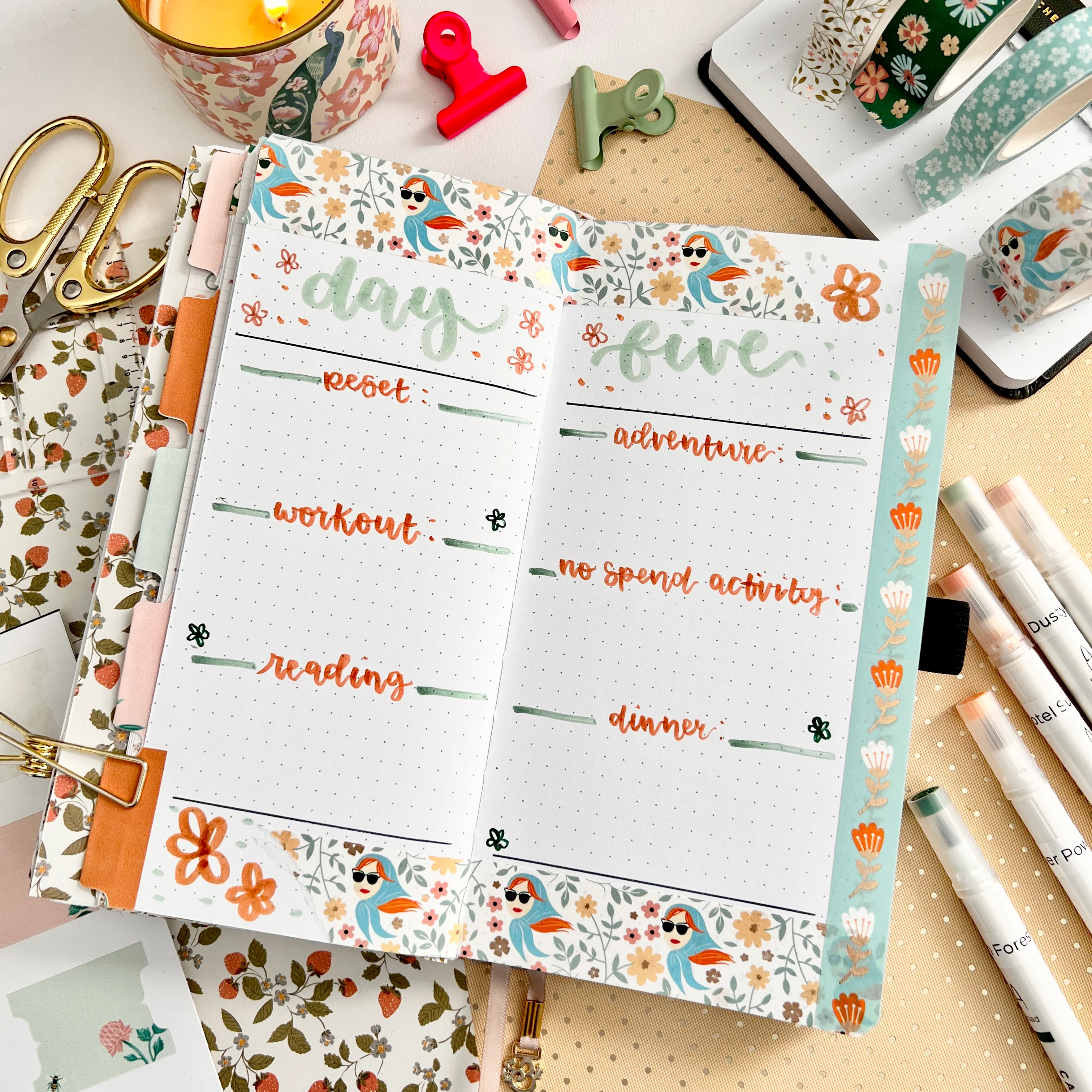 Traveler's size notebook in a flay lay photo, surrounded by stationery, open to a full page daily spread for planning a staycation into the size categories outlined in this blog post.