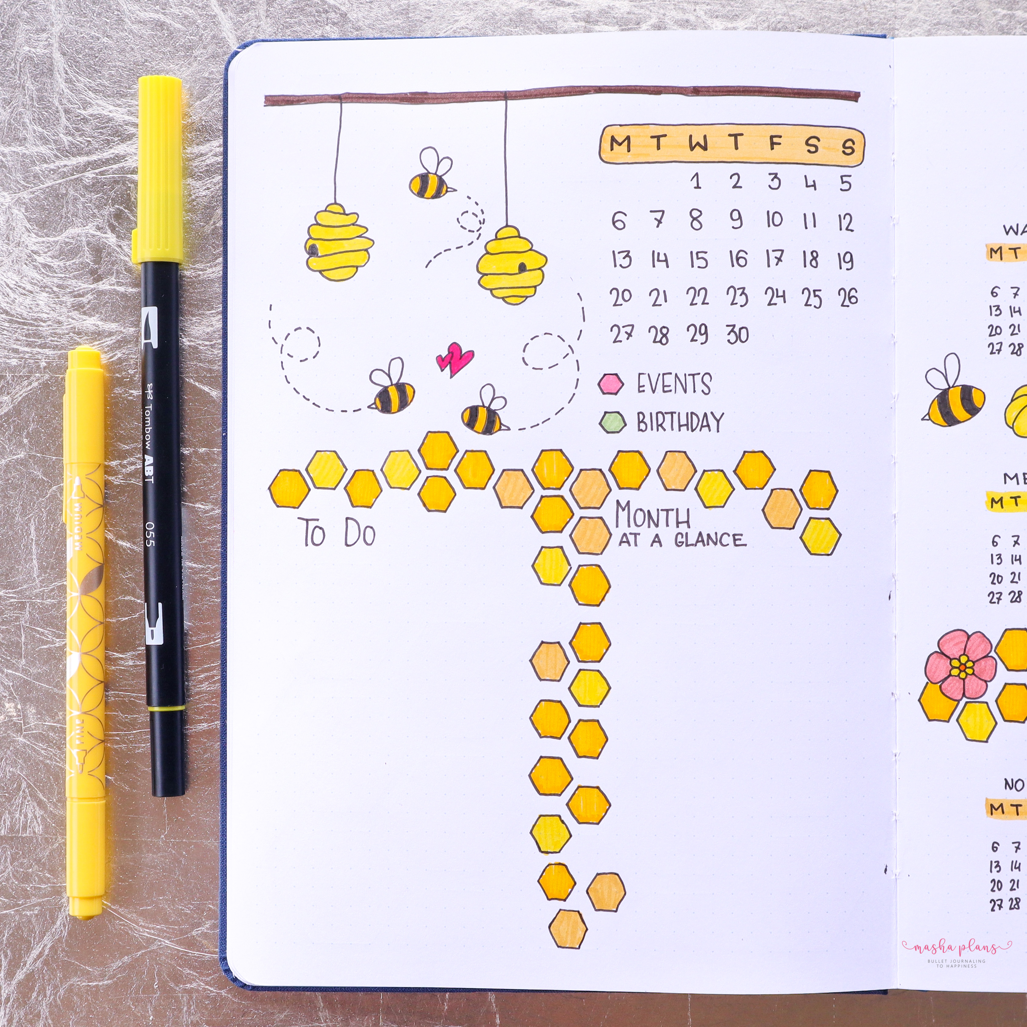 bullet journal, plan with me, masha plans, monthly log, bees, archer and olive