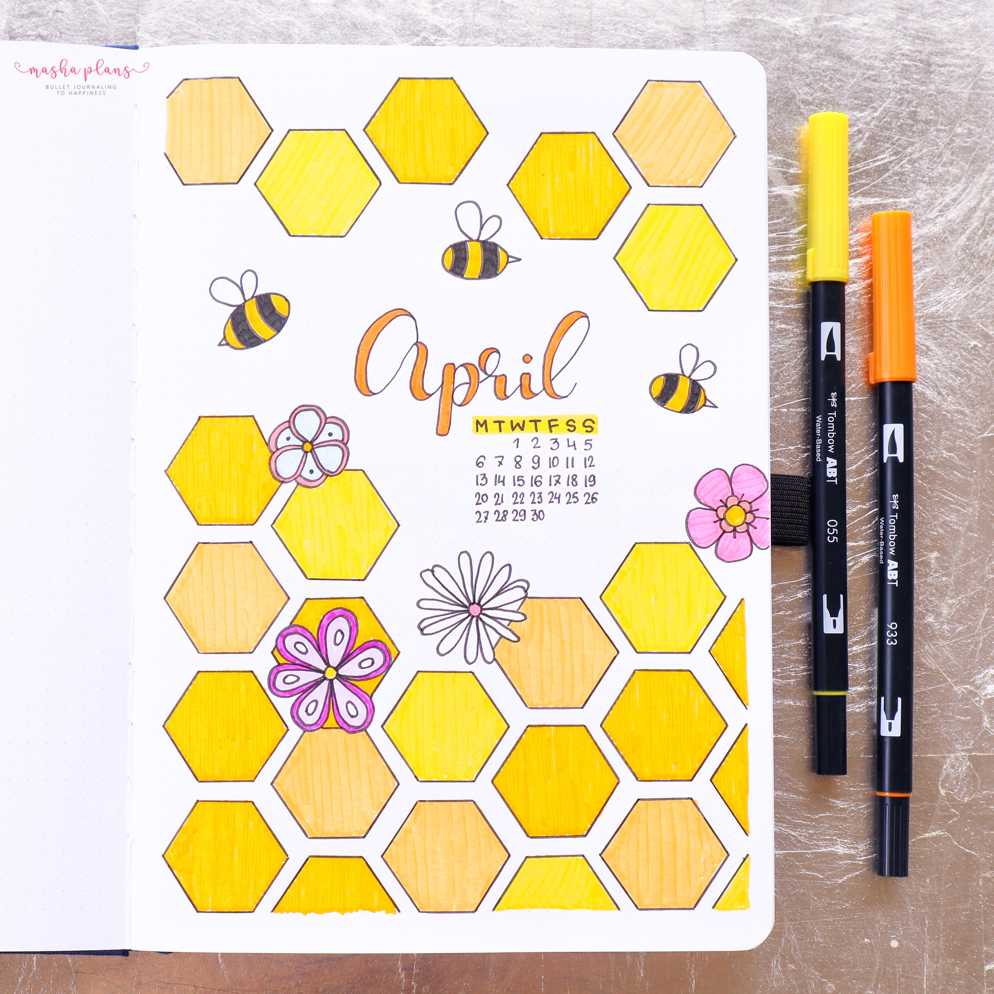bullet journal, masha plans, plan with me, cover page, archer and olive, bees, april