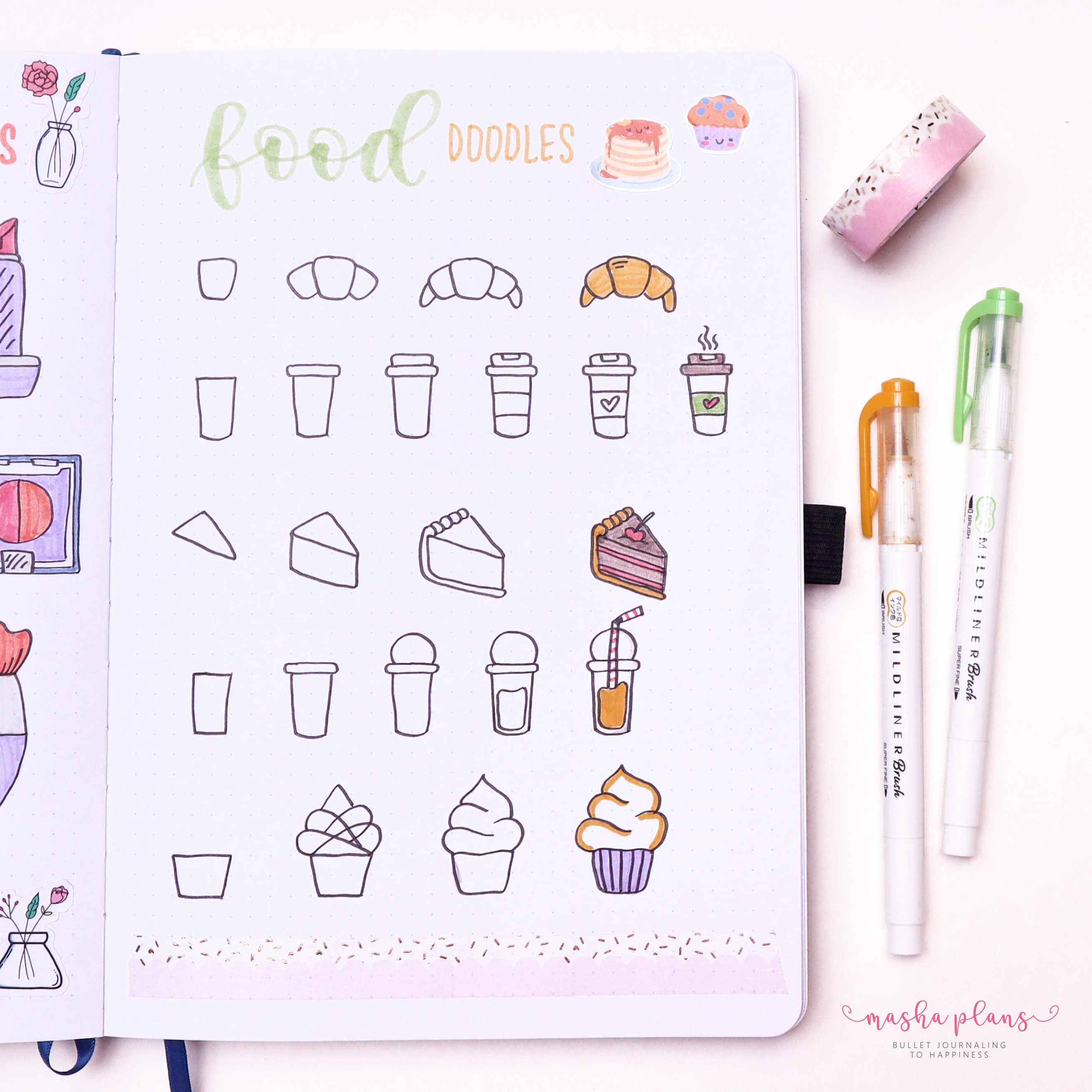 food doodles, bullet journal doodles, doodling fun, how to doodle, tutorial, masha plans, archer and olive