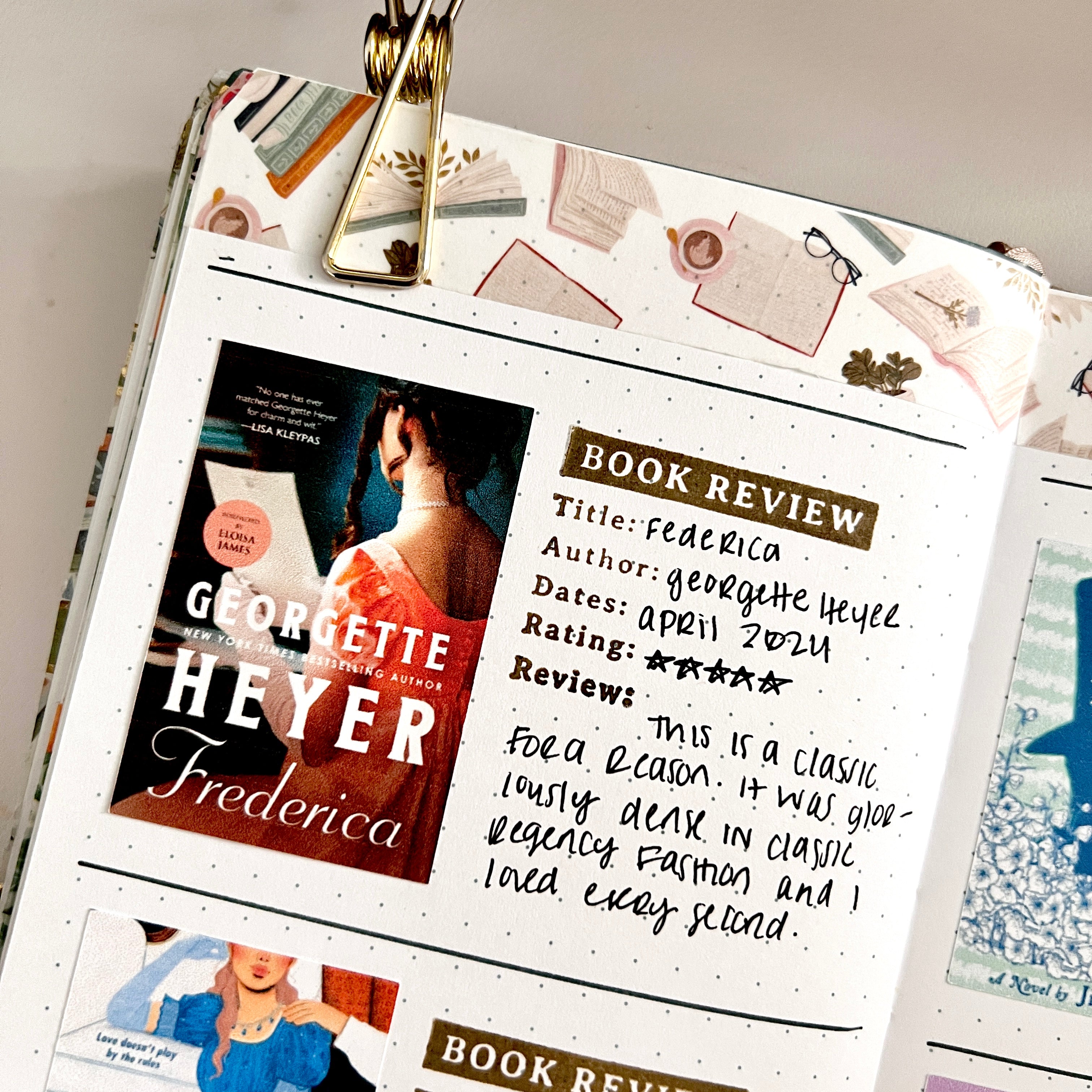 An image of the upper left hand corner of bullet journal showing a simple and brief book review of Federica by Georgette Heyer
