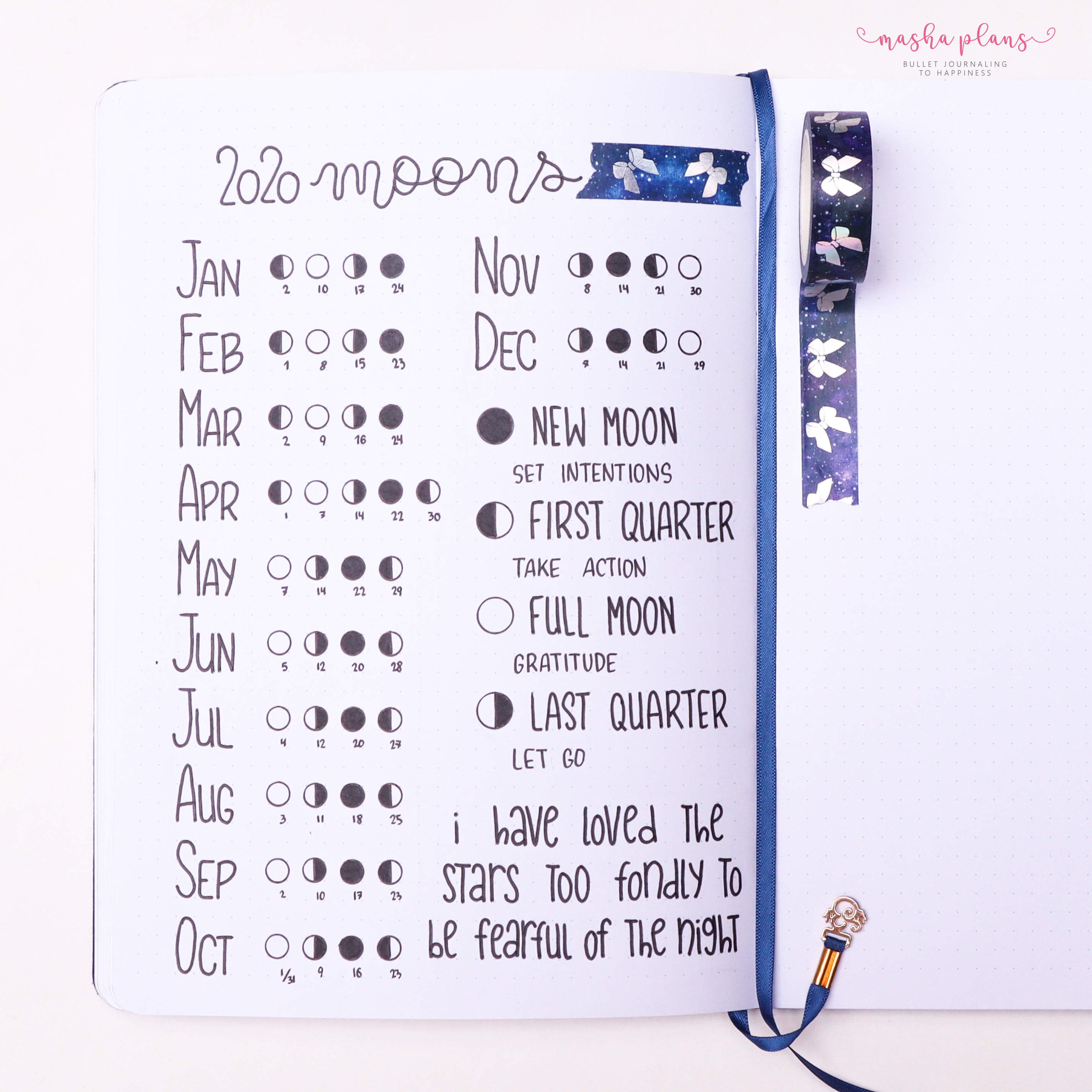 bullet journal, masha plans, archer and olive, lunar calendar, moon phases