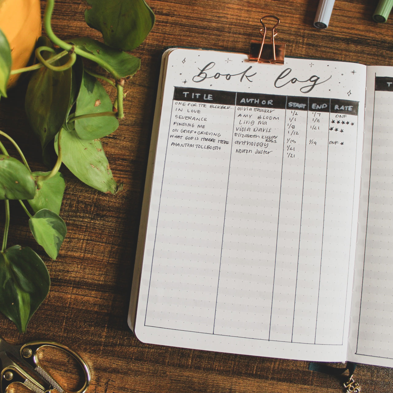 One page of a notebook with white paper lies open on a dark surface. The page is titled Book Log and includes a chart to track books read by title, author, dates, and star review. 