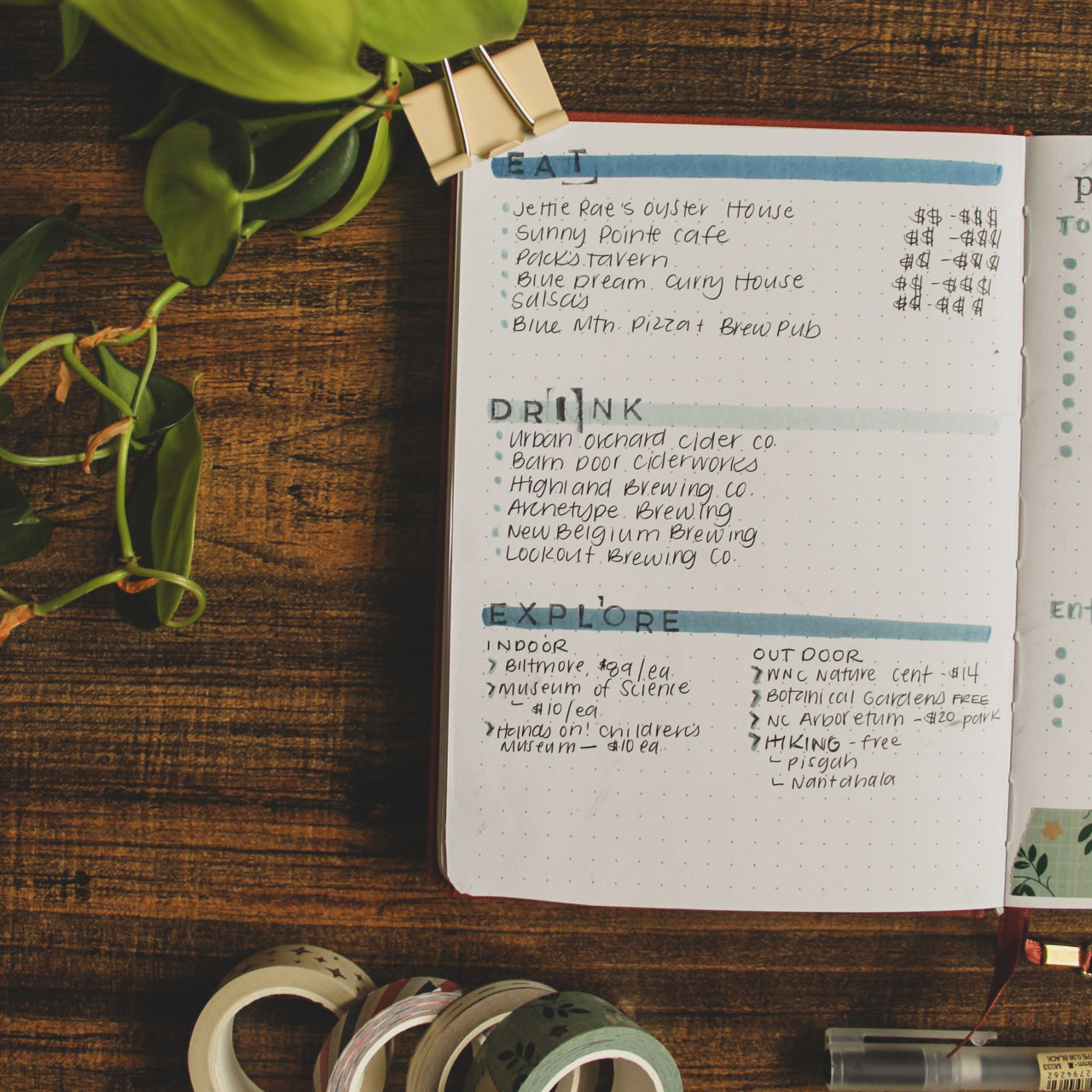 A dot grid notebook is lying open on a desk with one page visible. On the page are categories for food, drink, and exploration for things you want to explore while you are travelling. 