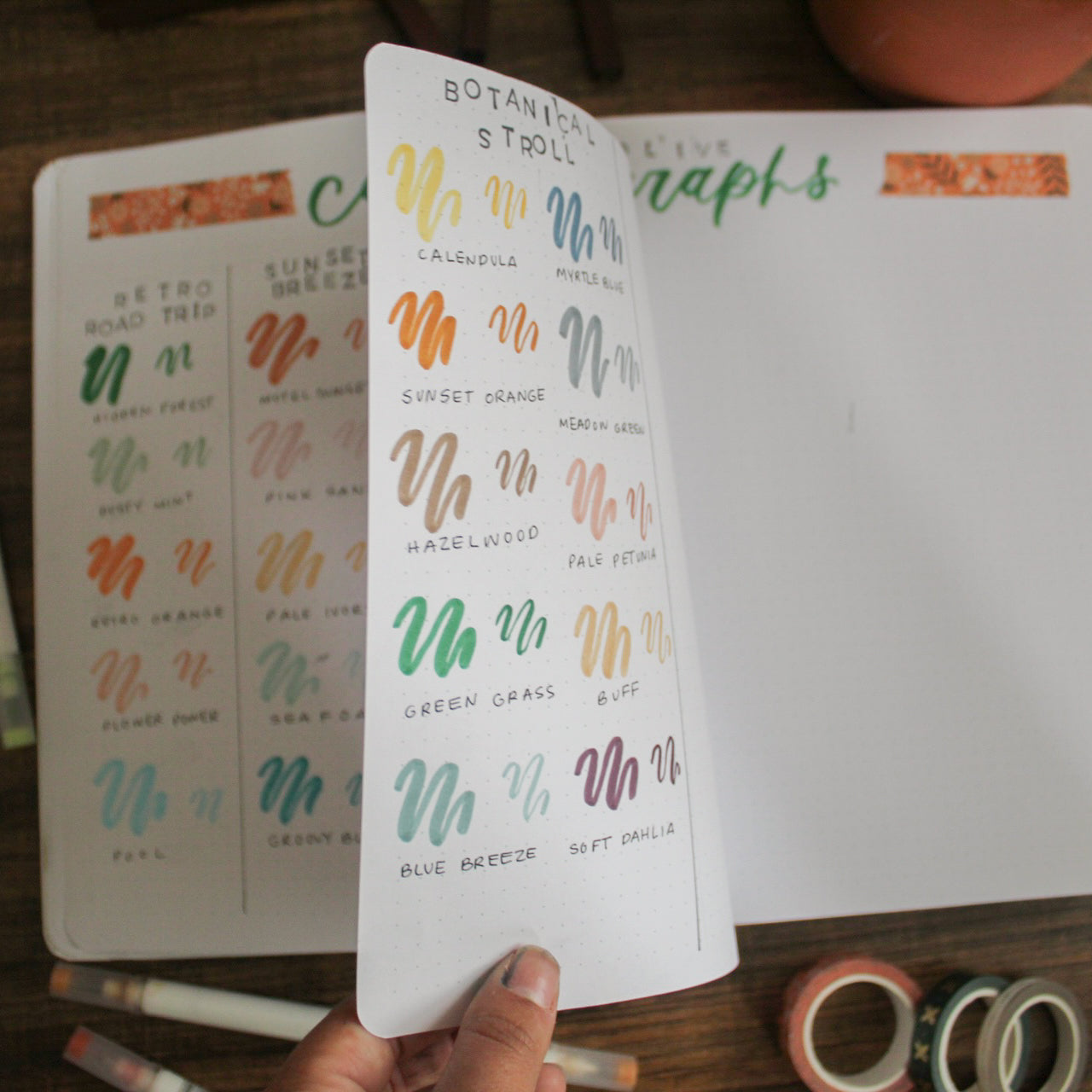 A dot grid notebook is lying open on a desk with a dutch door spread. On the spread are swatches of some of the Archer and Olive dual tip brush pens - Calliographs