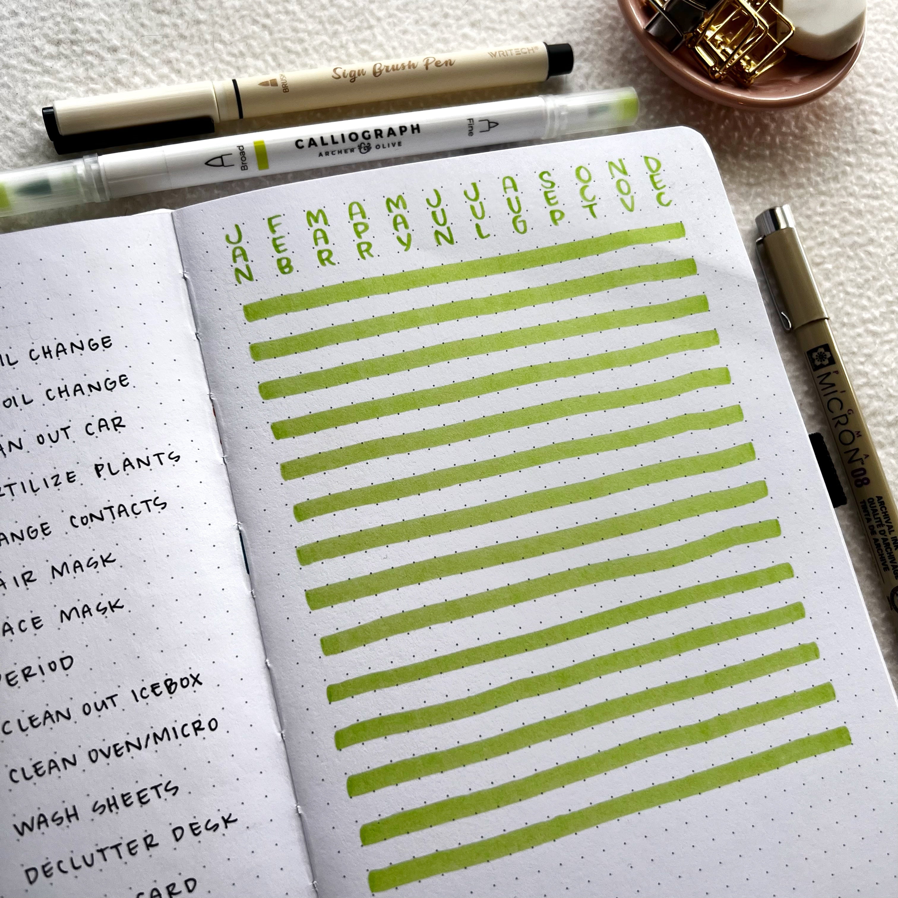 Open notebook with spread displayed. Months of the year written a row across the top of the page. Horizontal stripes of color beneath. Various stationery scattered around.