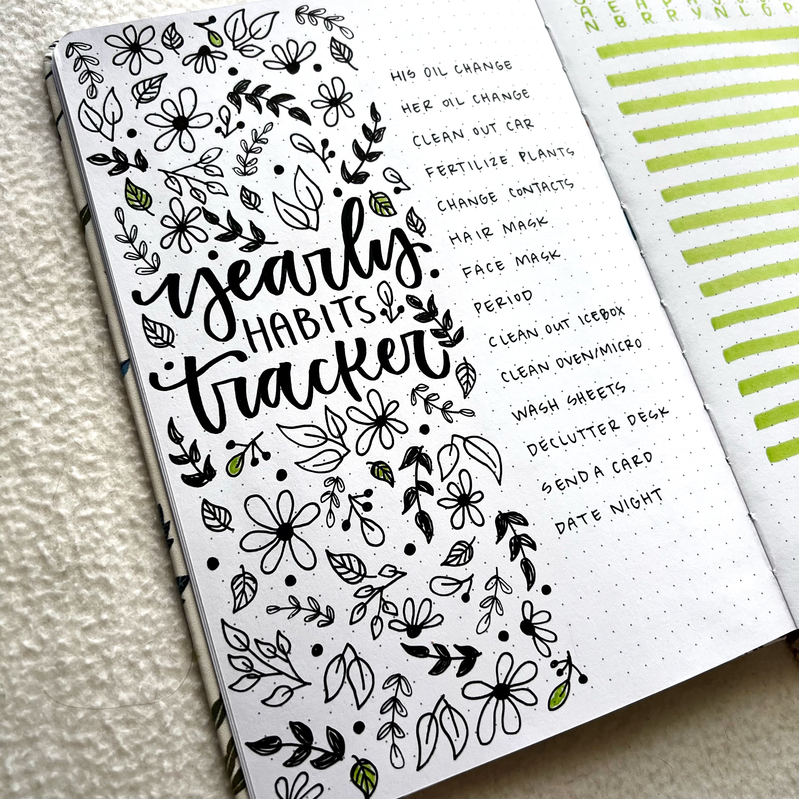 Open notebook showing a yearly habit tracker spread. Close up on title with floral doodles surrounding.