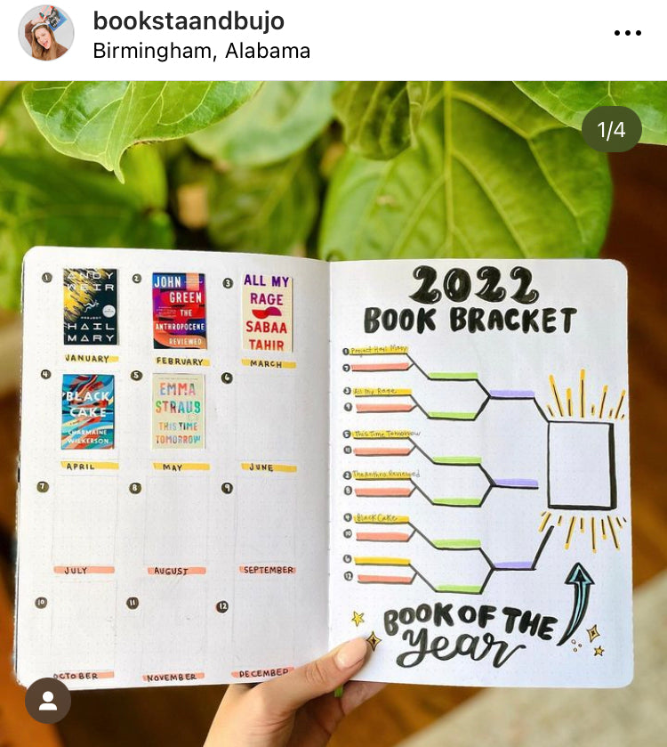 An instagram photo from @bookstaandbujo of a bracket doodled onto a notebook page. The page is titled 2022 Book Bracket and is used to decide on a favorite book for the year.
