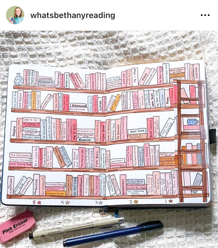 A doodled bookshelf in a notebook lying open. The book spines have titles written into them and are color-coded by star rating.