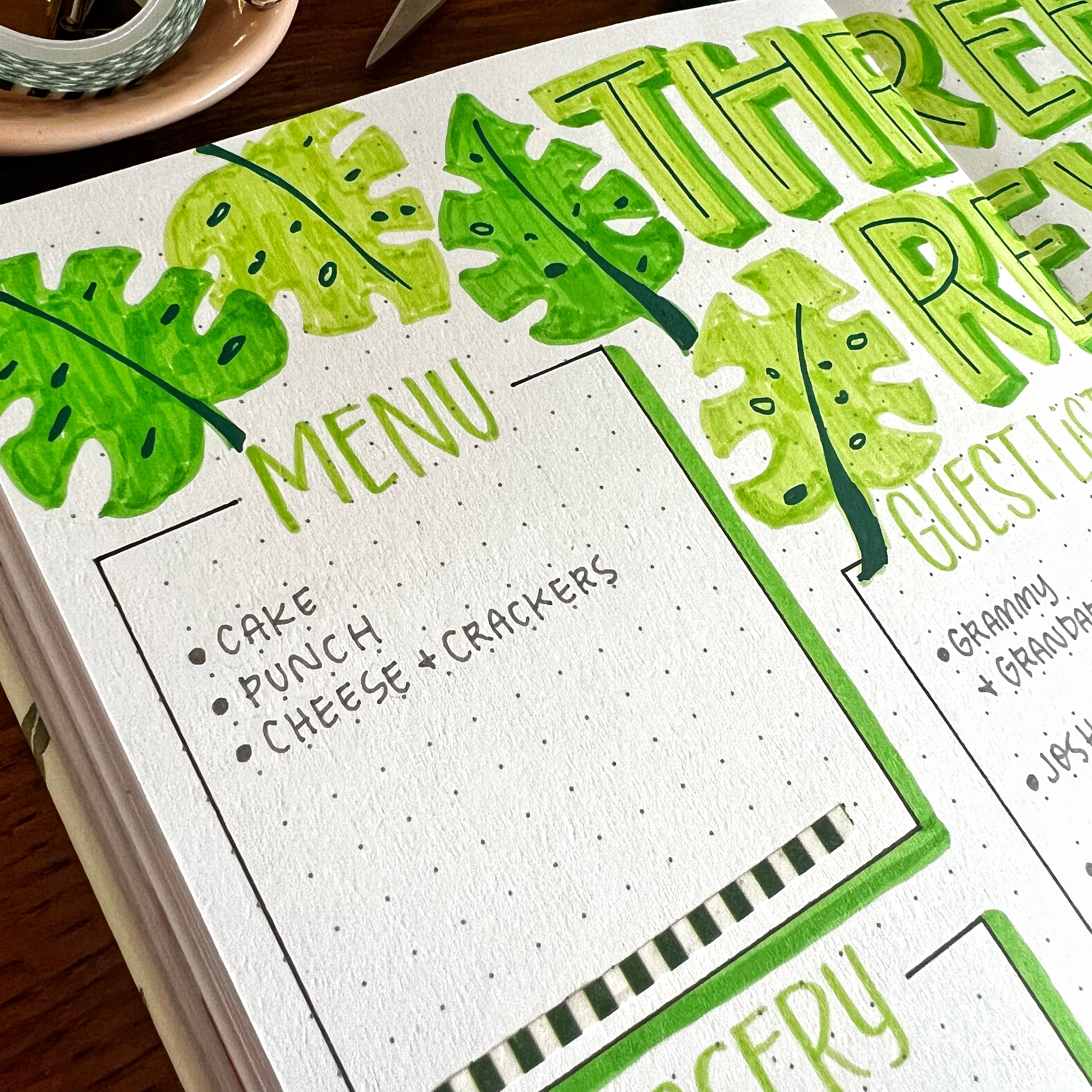 Close up photo of menu section on a party planning spread