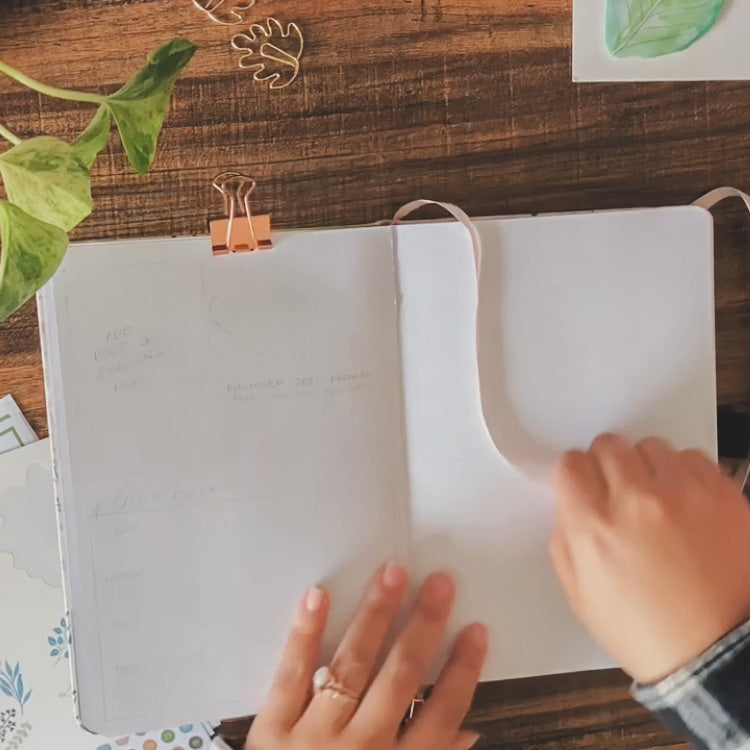 A white dot grid notebook is lying open on a desk surrounded by plant themed stationery items. On the page, Emily has lightly penciled in the plant care spread. 