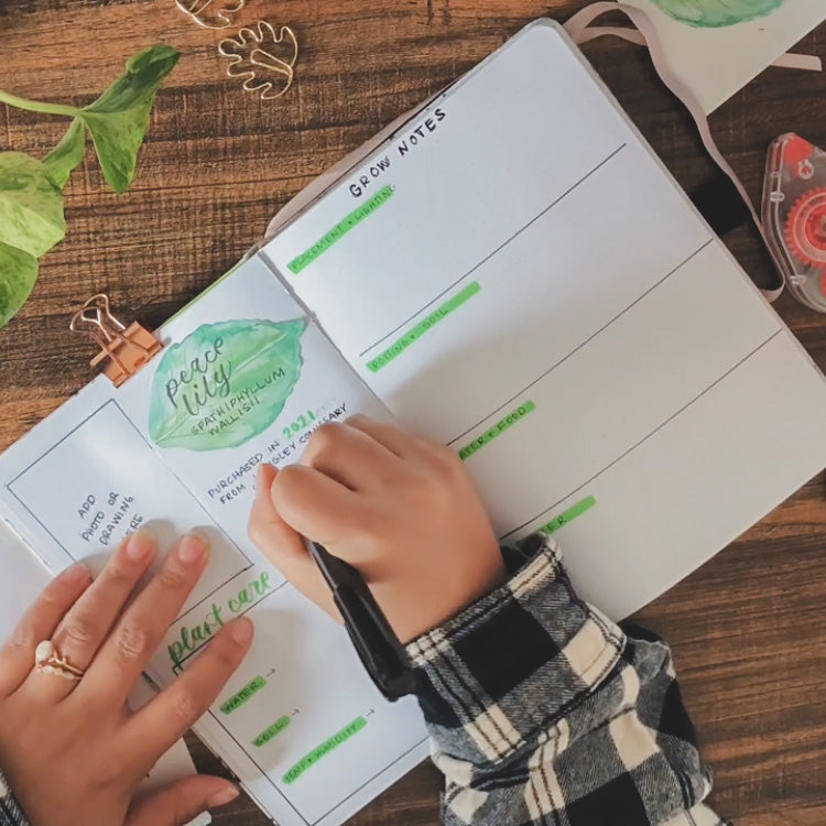 A white dot grid notebook is lying open on the desk. On the pages is a houseplant care and tracking spread that Emily created.