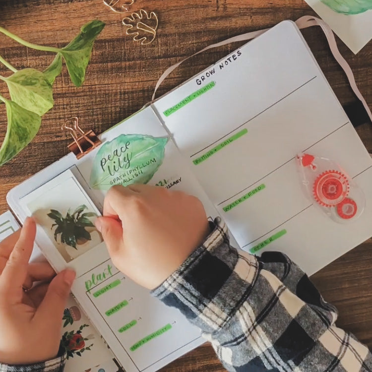 A white dot grid notebook is lying open on a desk with a plant care and growth tracking spread laid out on it. Emily is adding in a polaroid photo of her peace lily plant.