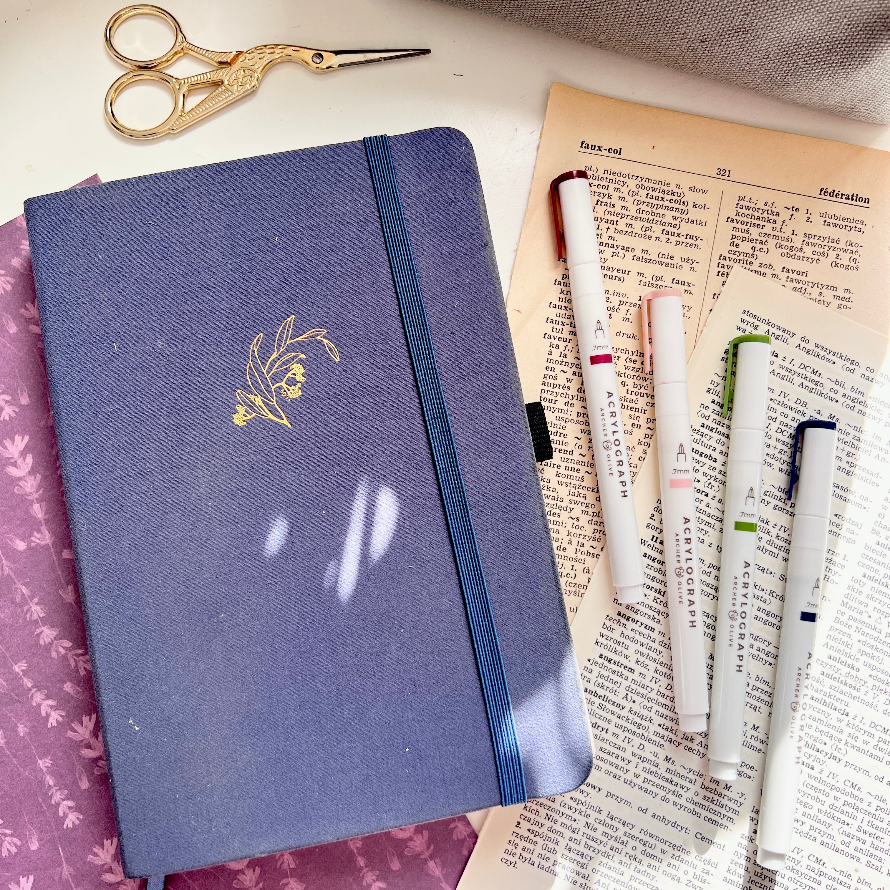 Flat lay showing A5 size bullet journal next to markers