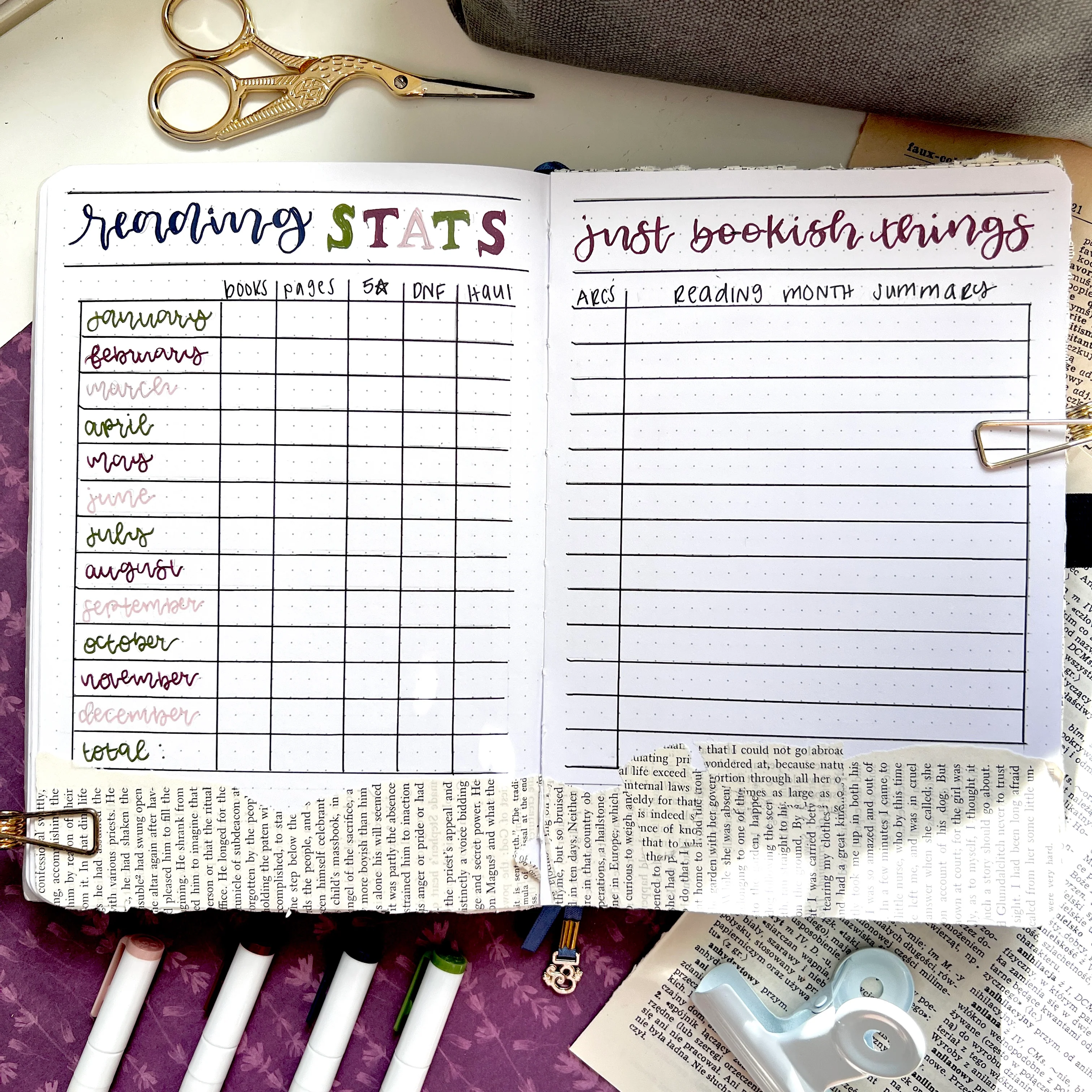 Bullet journal spread showing a reading statistics table