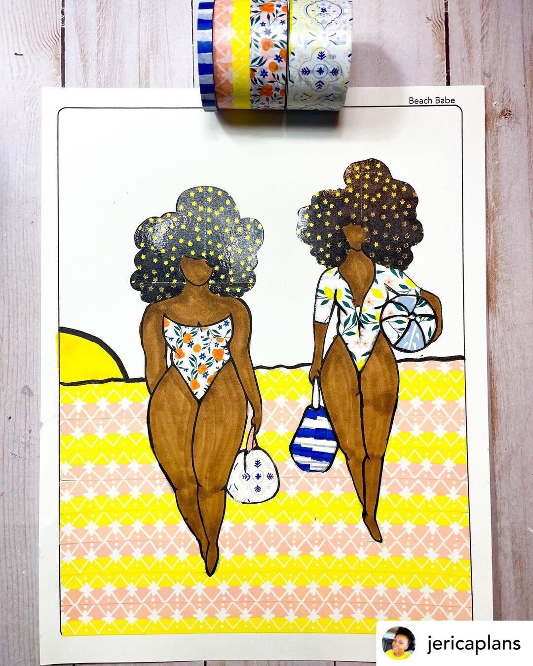washi tape art of two women walking on the beach in swimsuits with beach bags
