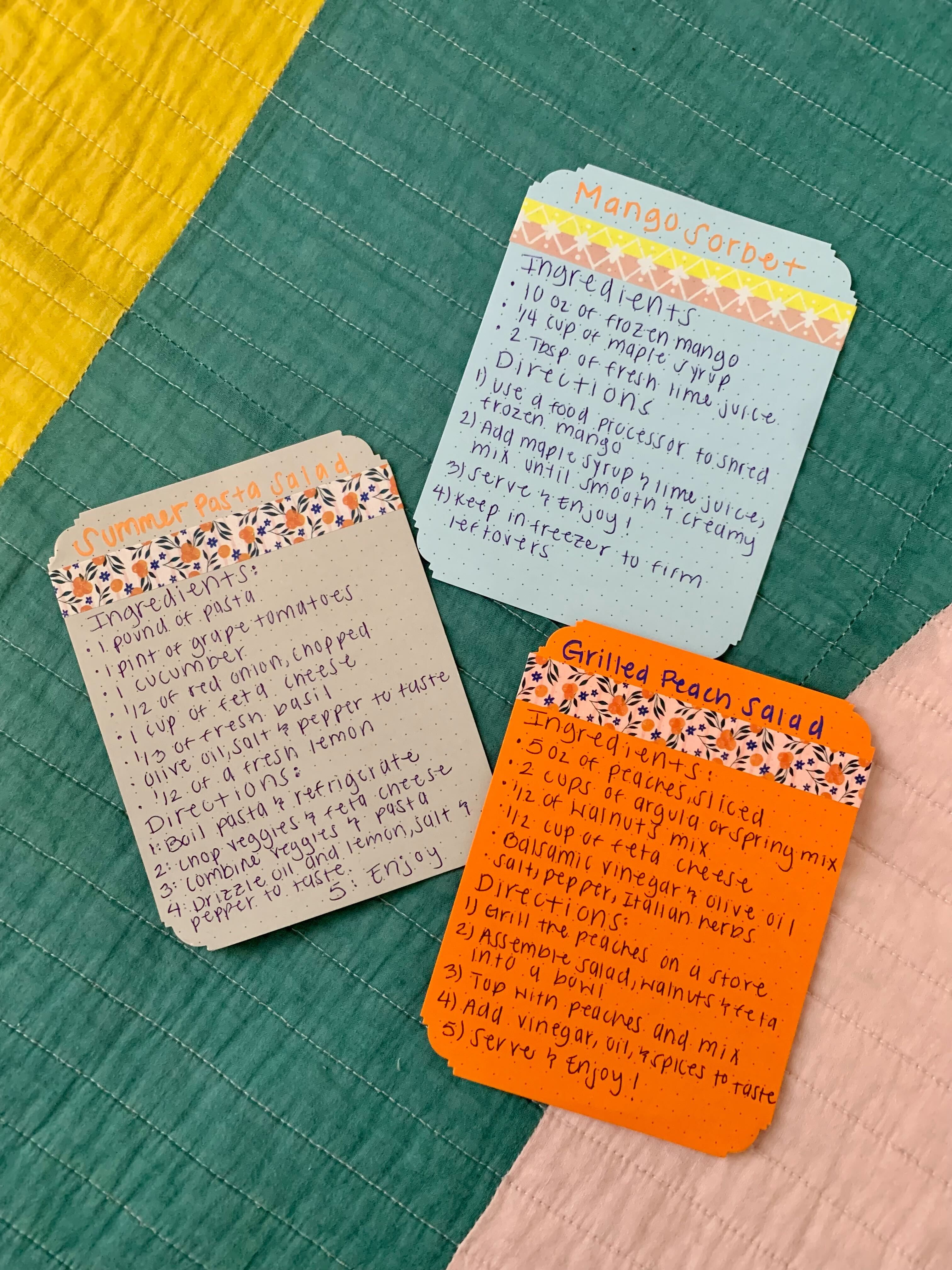 image of 3 recipe cards for a summer pasta salad, mango sorbet, and grilled peach salad