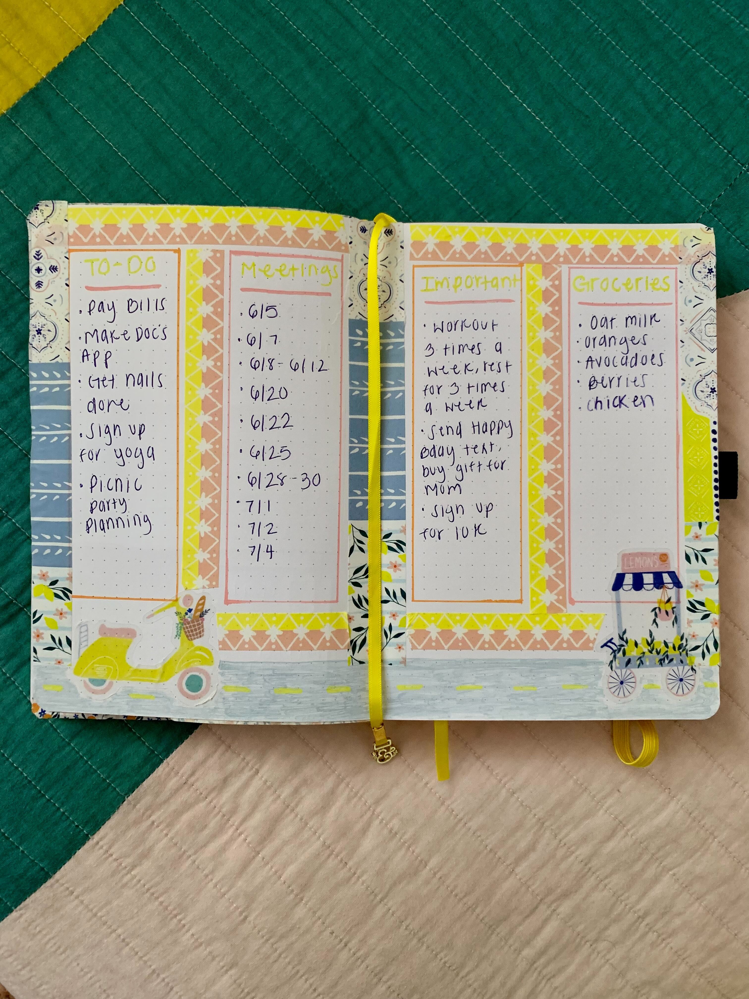 pages of the yellow vespa notebook that feature a to-do list, grocery list, meetings, and important dates