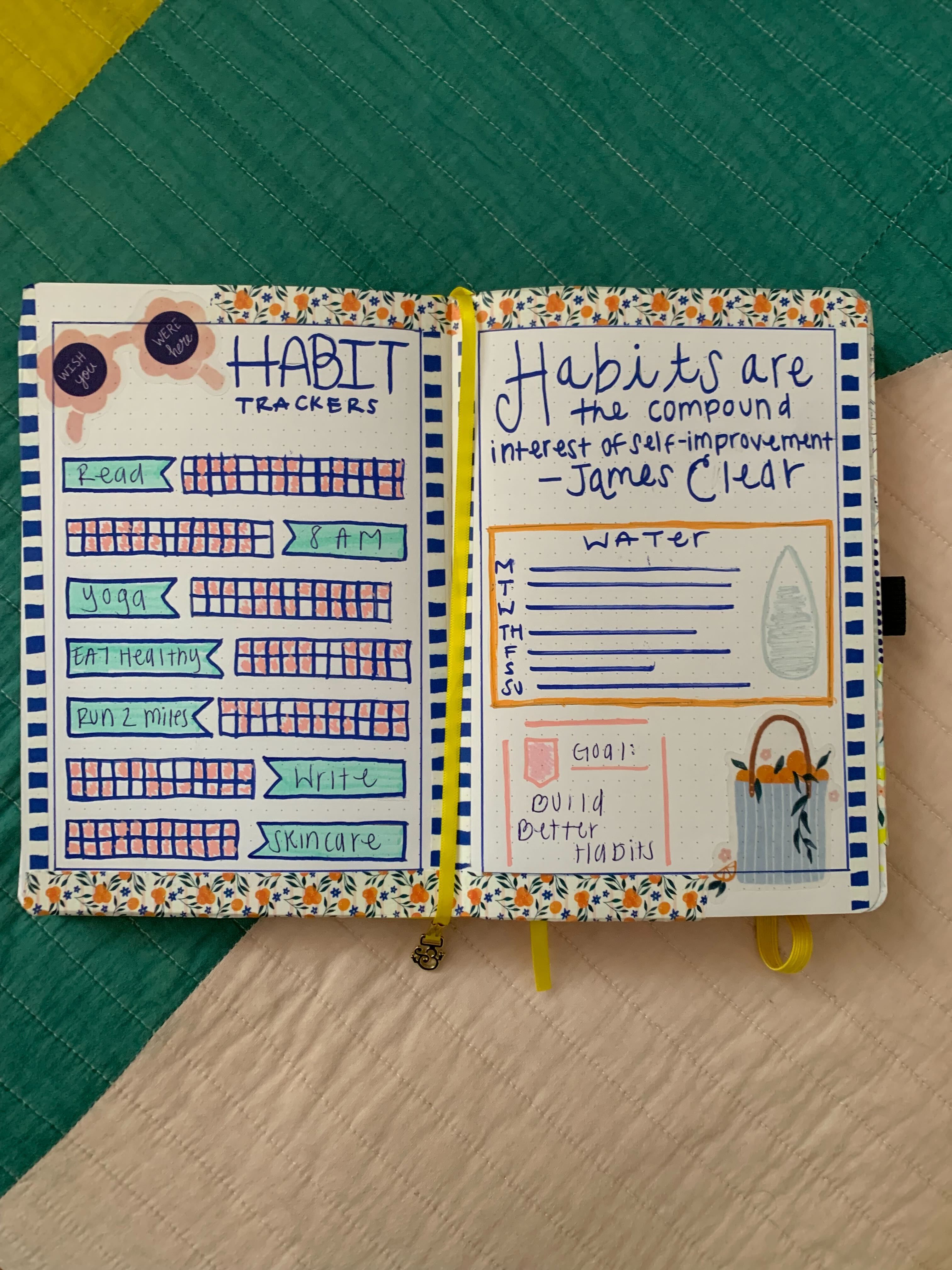 pages inside of the yellow vespa notebook that feature a monthly habit tracker and weekly water tracker