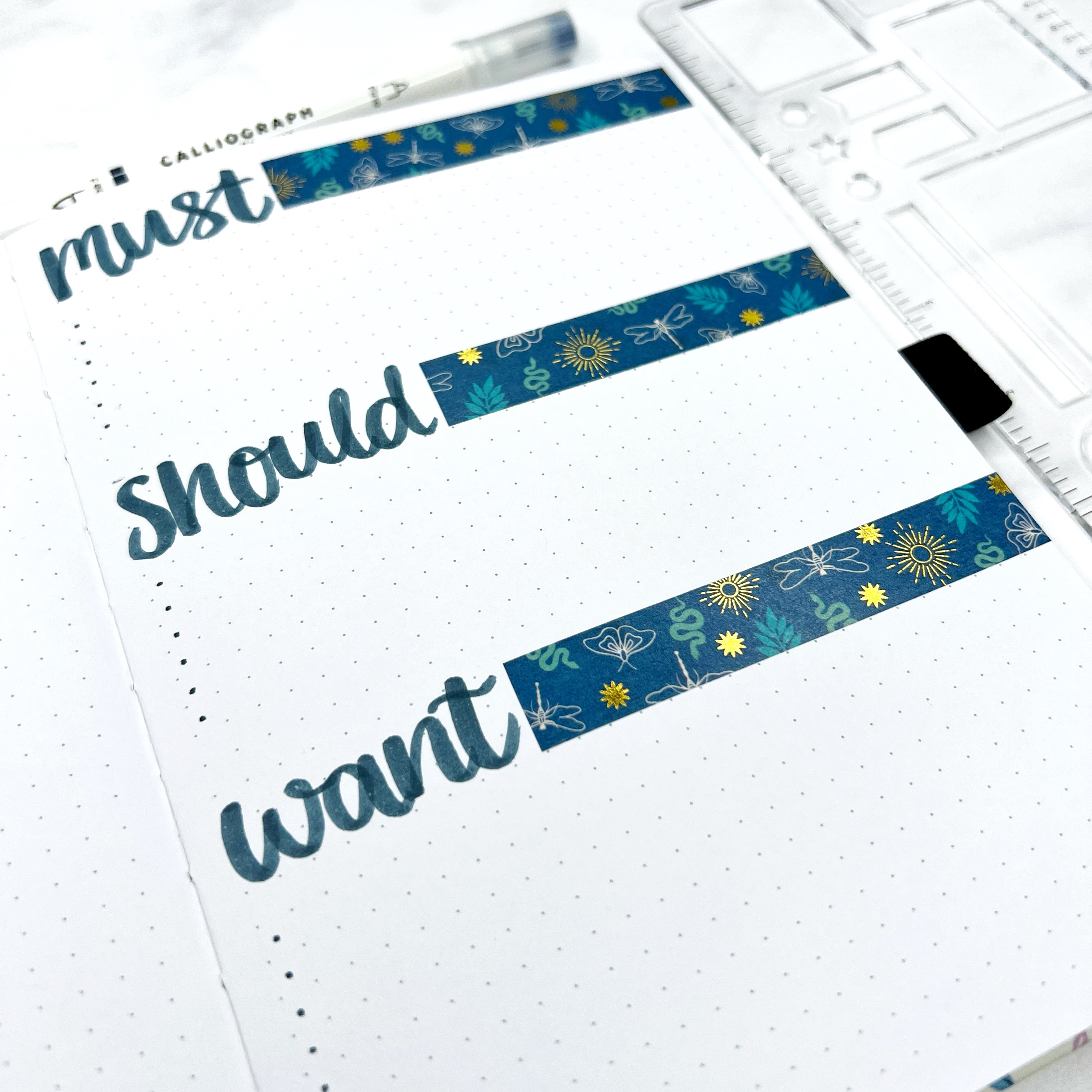 Open journal with headings must, should, could and washi tape