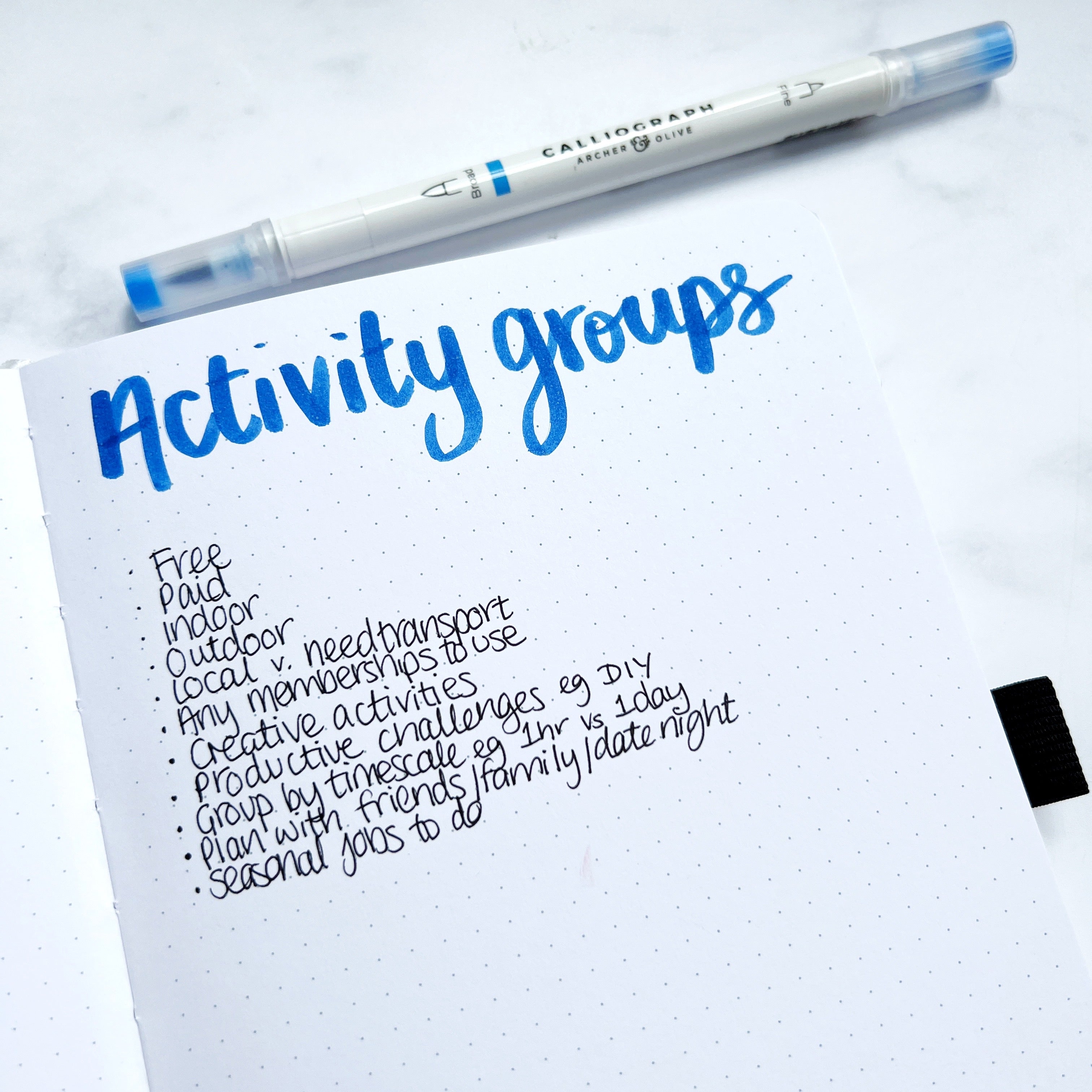Open journal with list of activity categories