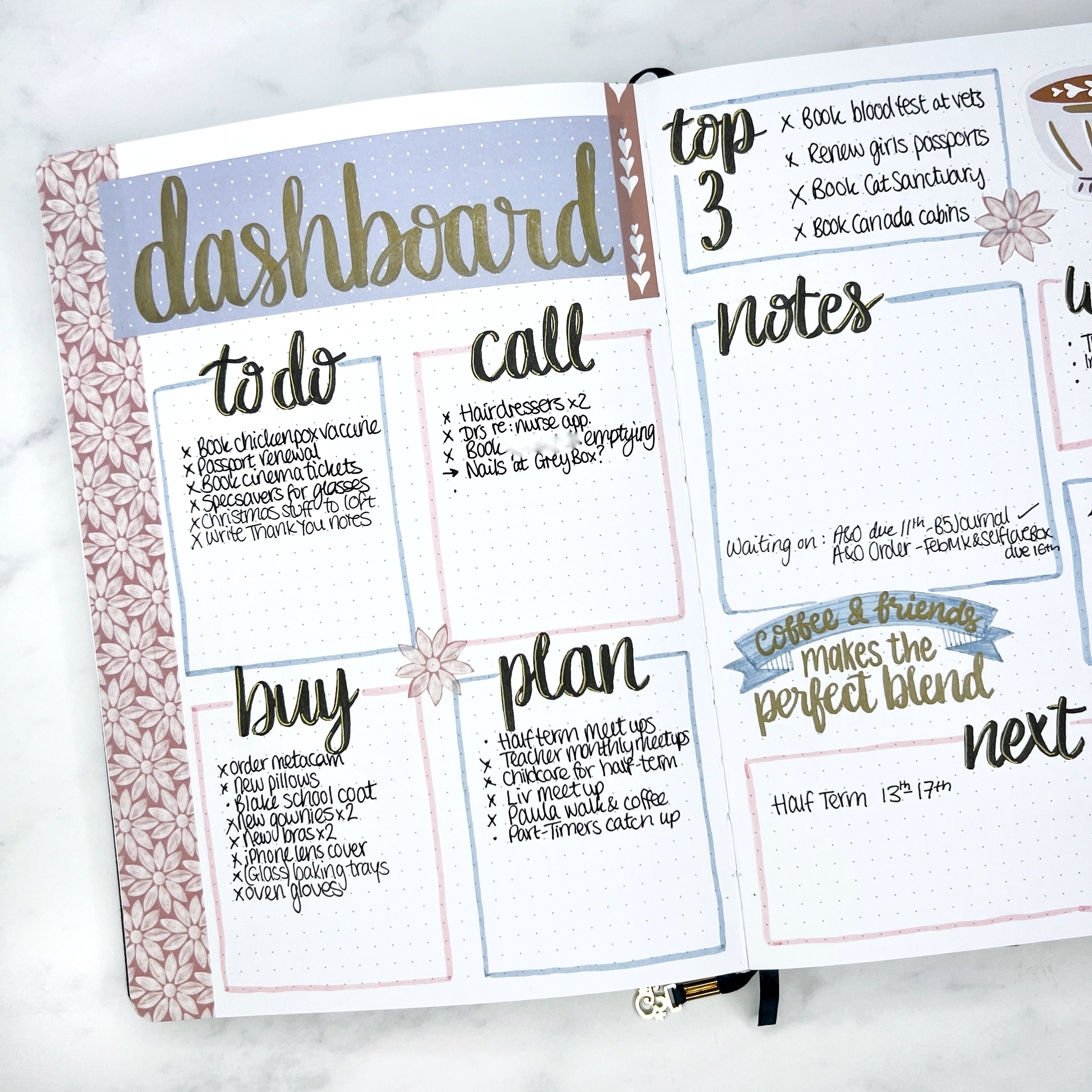 Open journal with floral theme dashboard lists after the pen