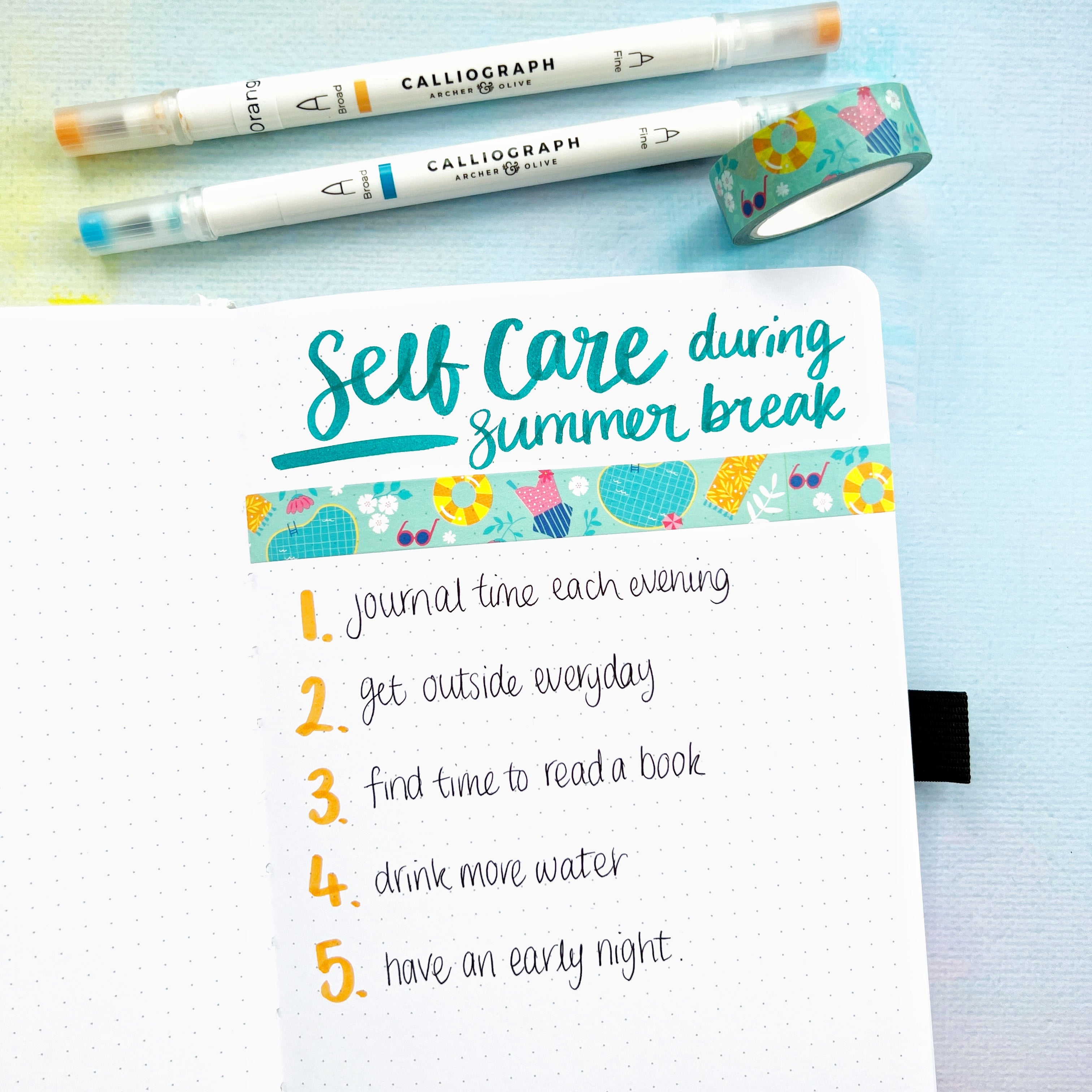 Finished list of 5 self-care ideas with added washi tape