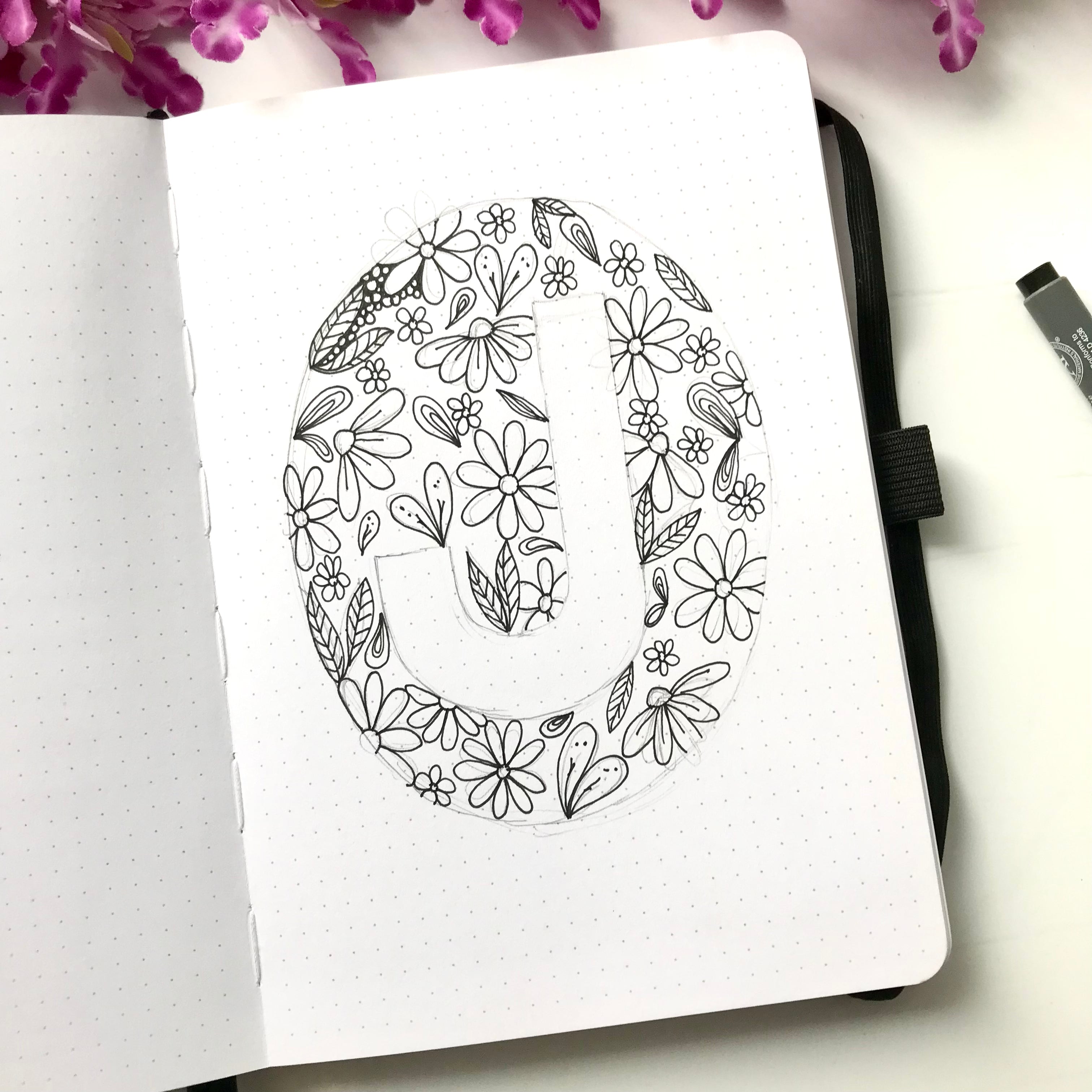 filling in florals design with pen