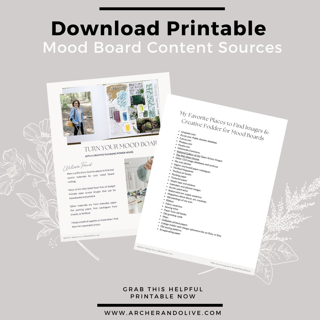 Graphic for printable list of sources for making mood boards