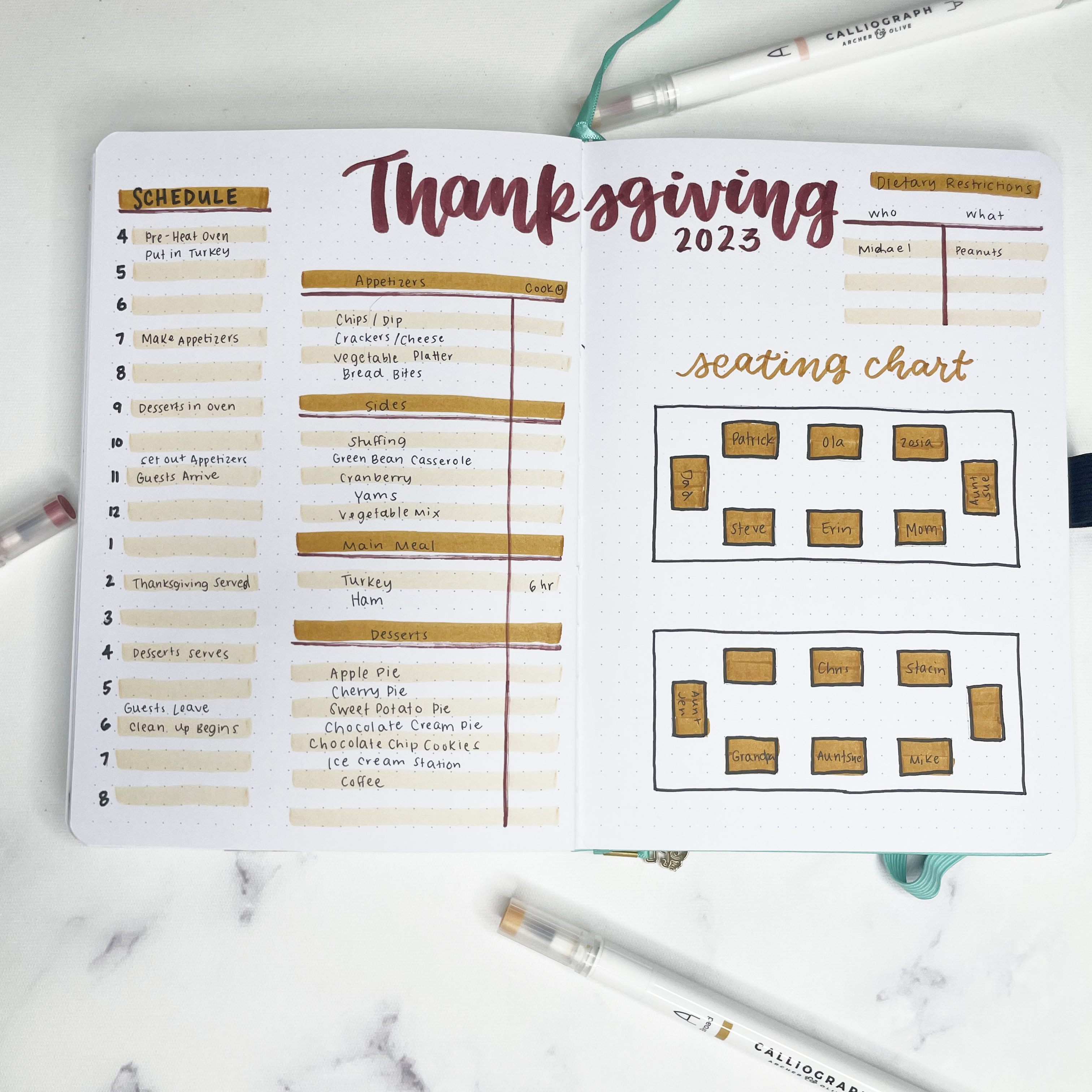 full spread of thanksgiving meal prep for schedule, meals and cook times, seating chart, and dietary restrictions