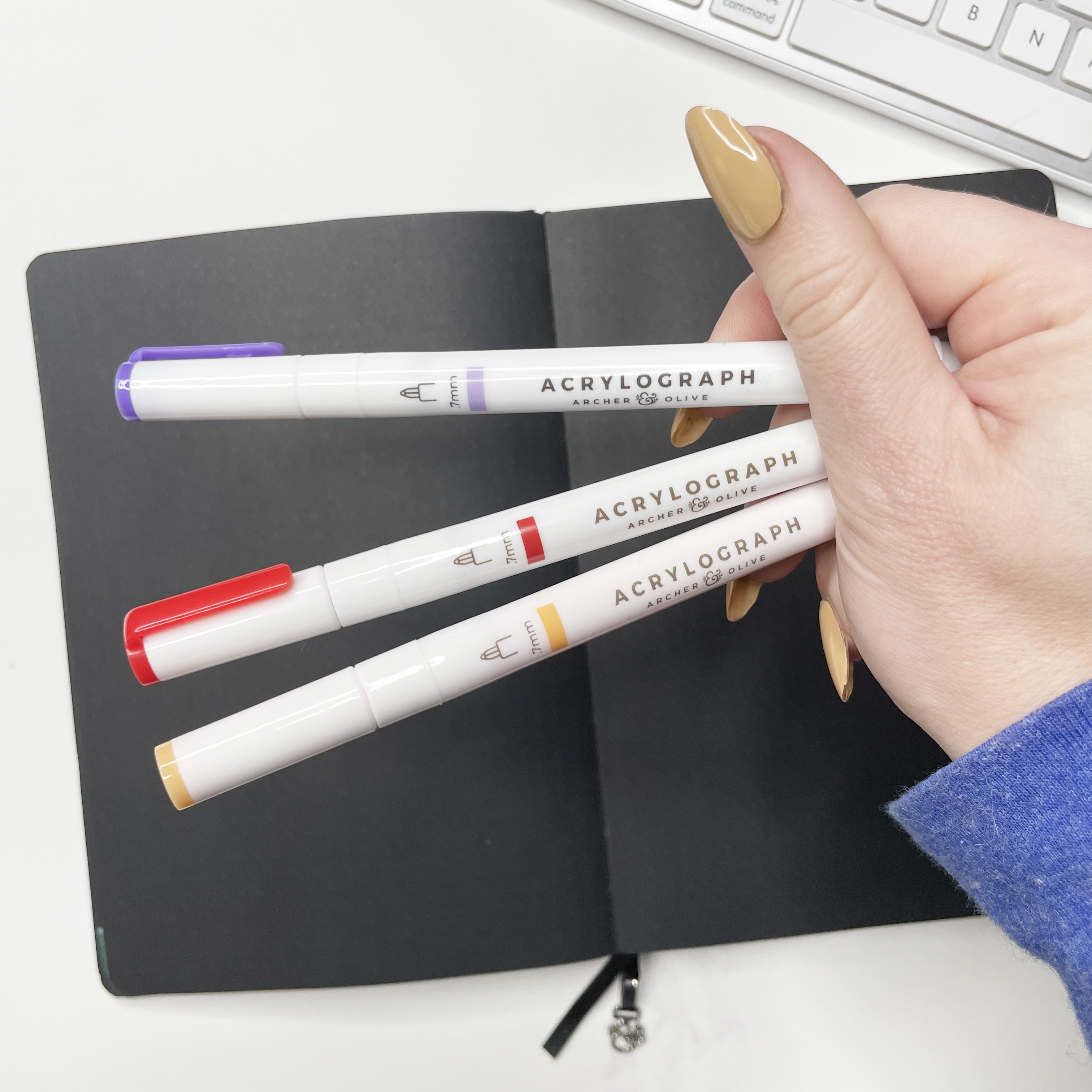 3 acrylograph pens with blackout notebook