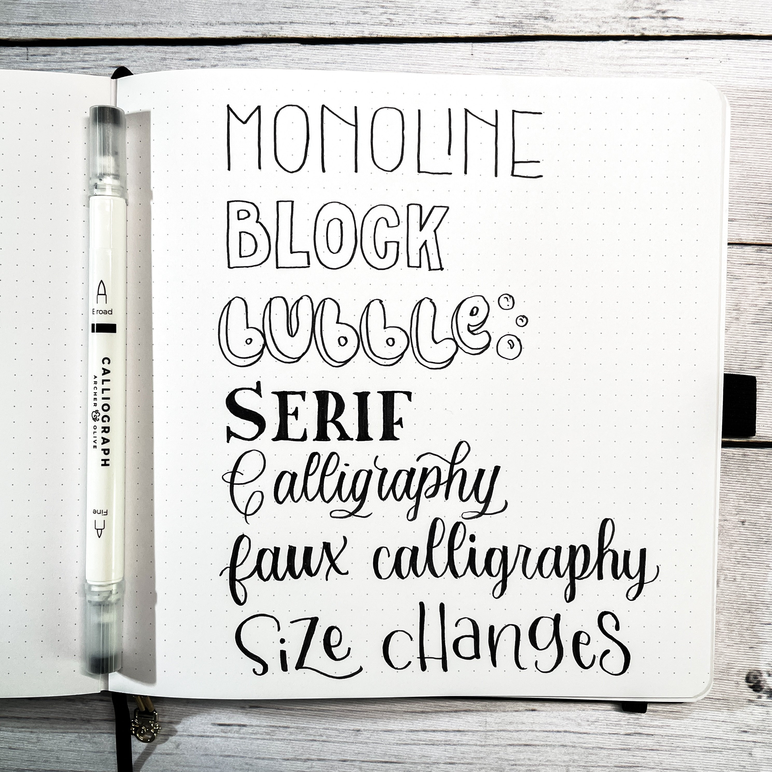 photo of handlettered lettering styles - monoline, block, bubble, serif, calligraphy