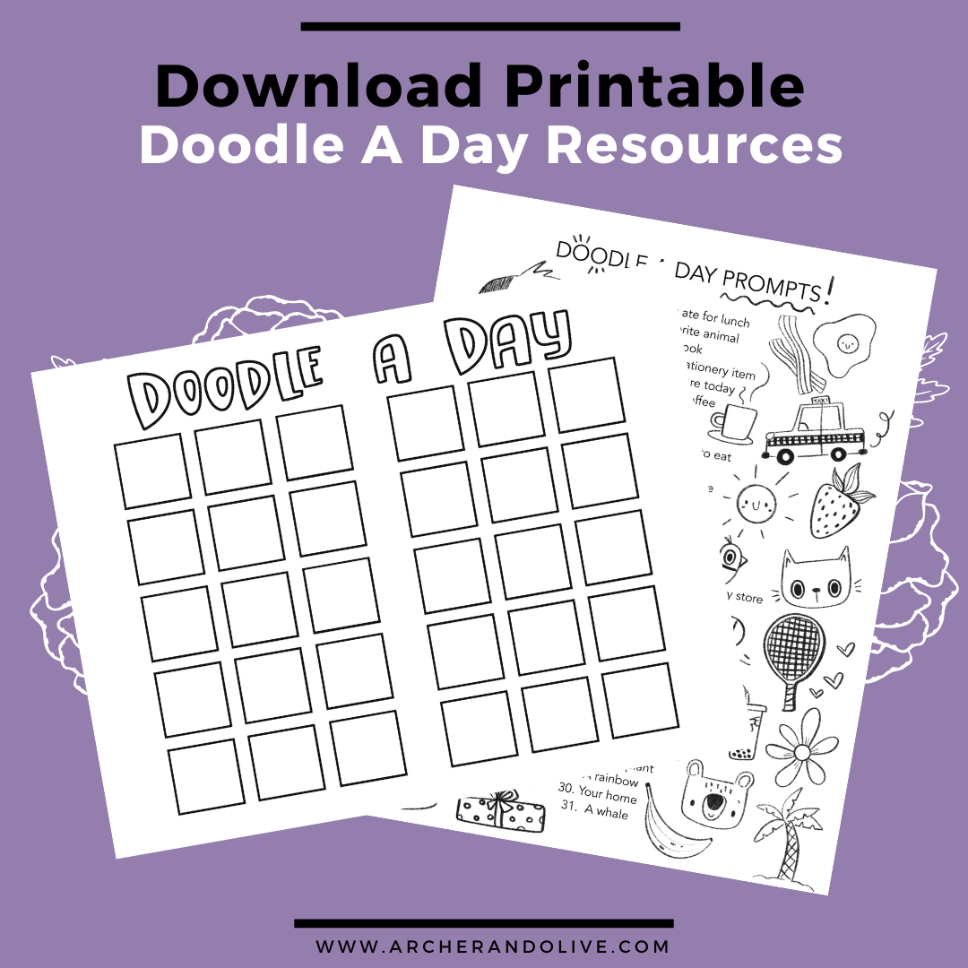 Free downloadable printable with blank Doodle A Day spread and Doodle A Day prompt list.