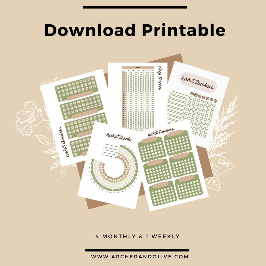 image advertising five free habit tracker printables in a green and brown color way