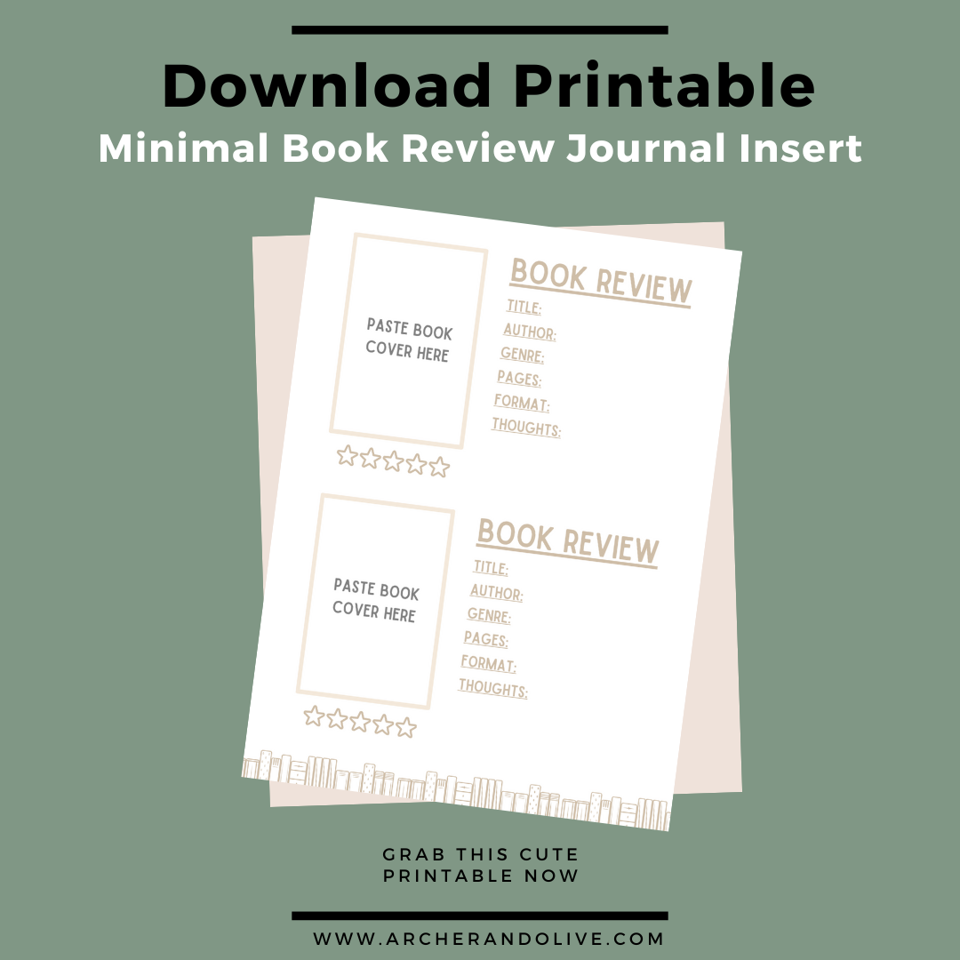 Digital image highlighting the free printable with this blog post which is simple book review entries to print out and insert into your journal