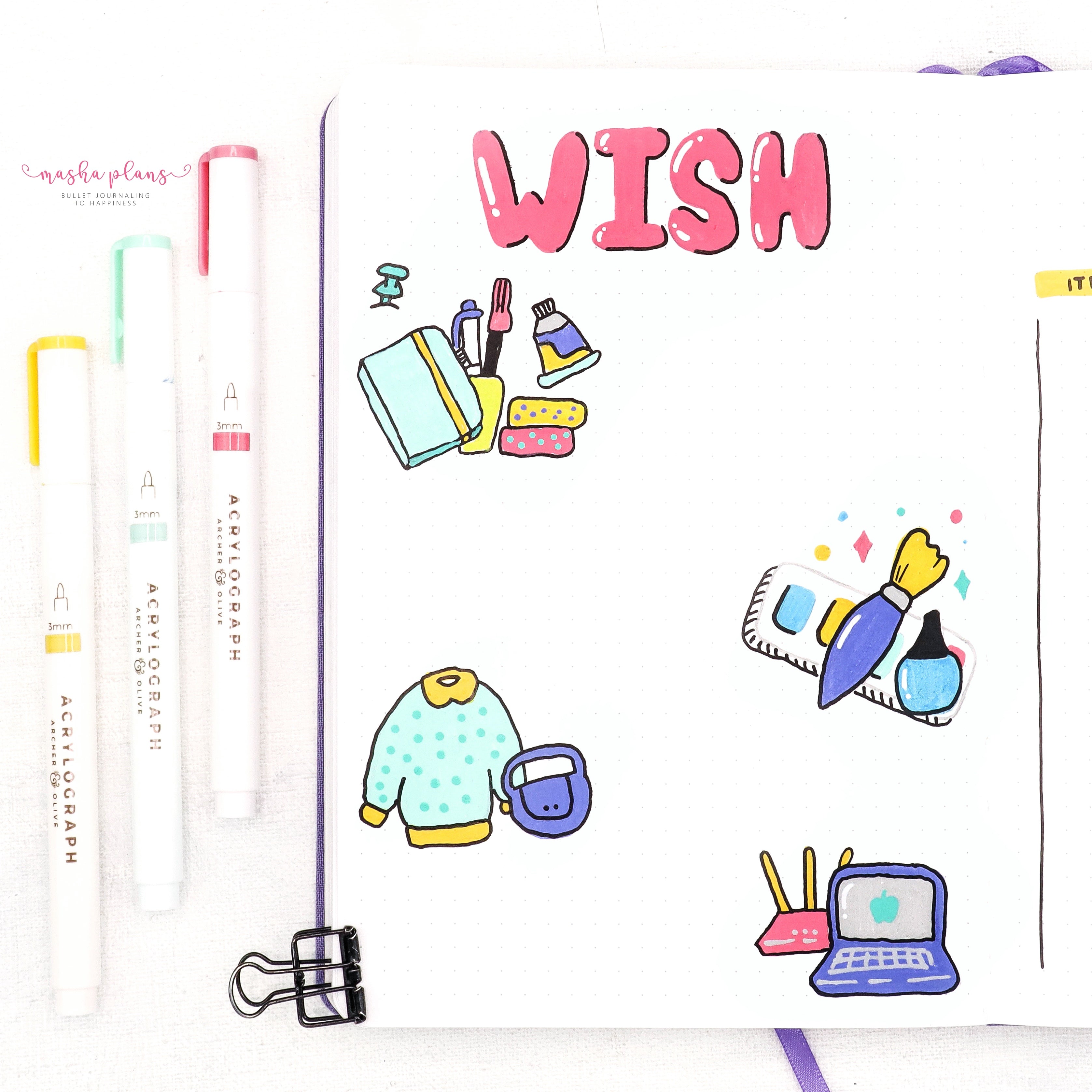 wish list, bullet journal, page ideas, acrylograph pens, masha plans, archer and olive