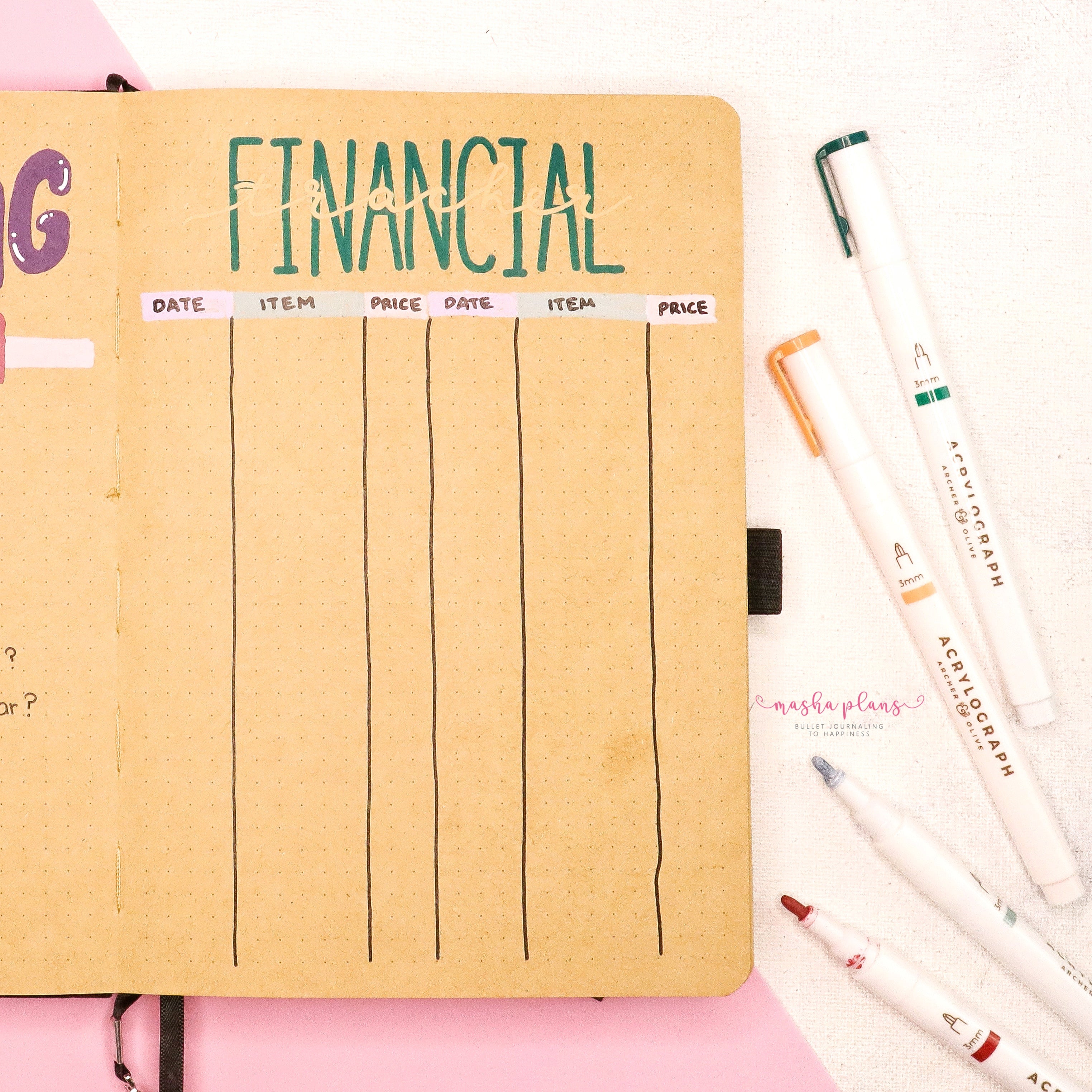 finance tracker, masha plans, kraft journal, acrylograph pens, archer and olive