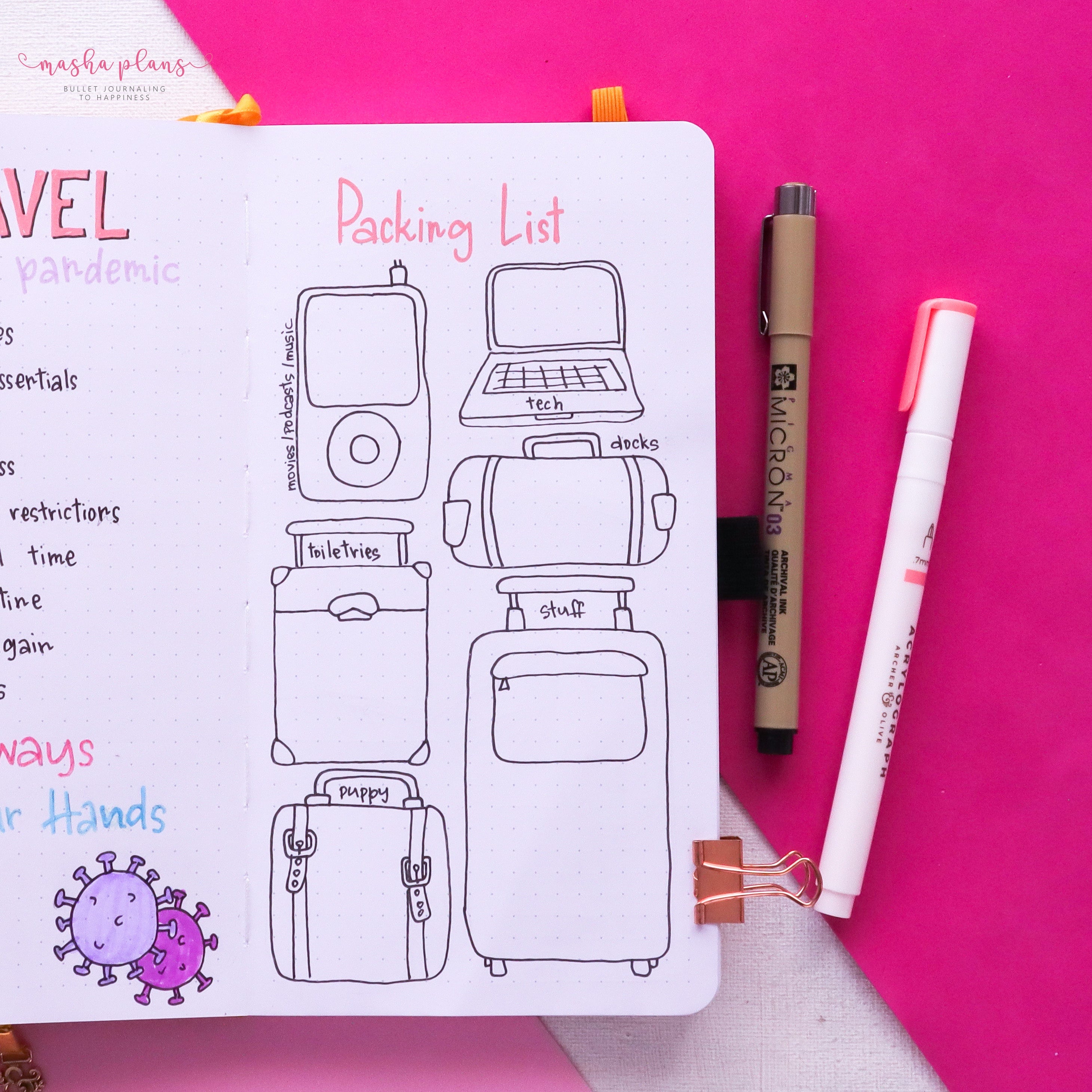 travel journal, masha plans, travel pages, packing list, masha plans. archer and olive