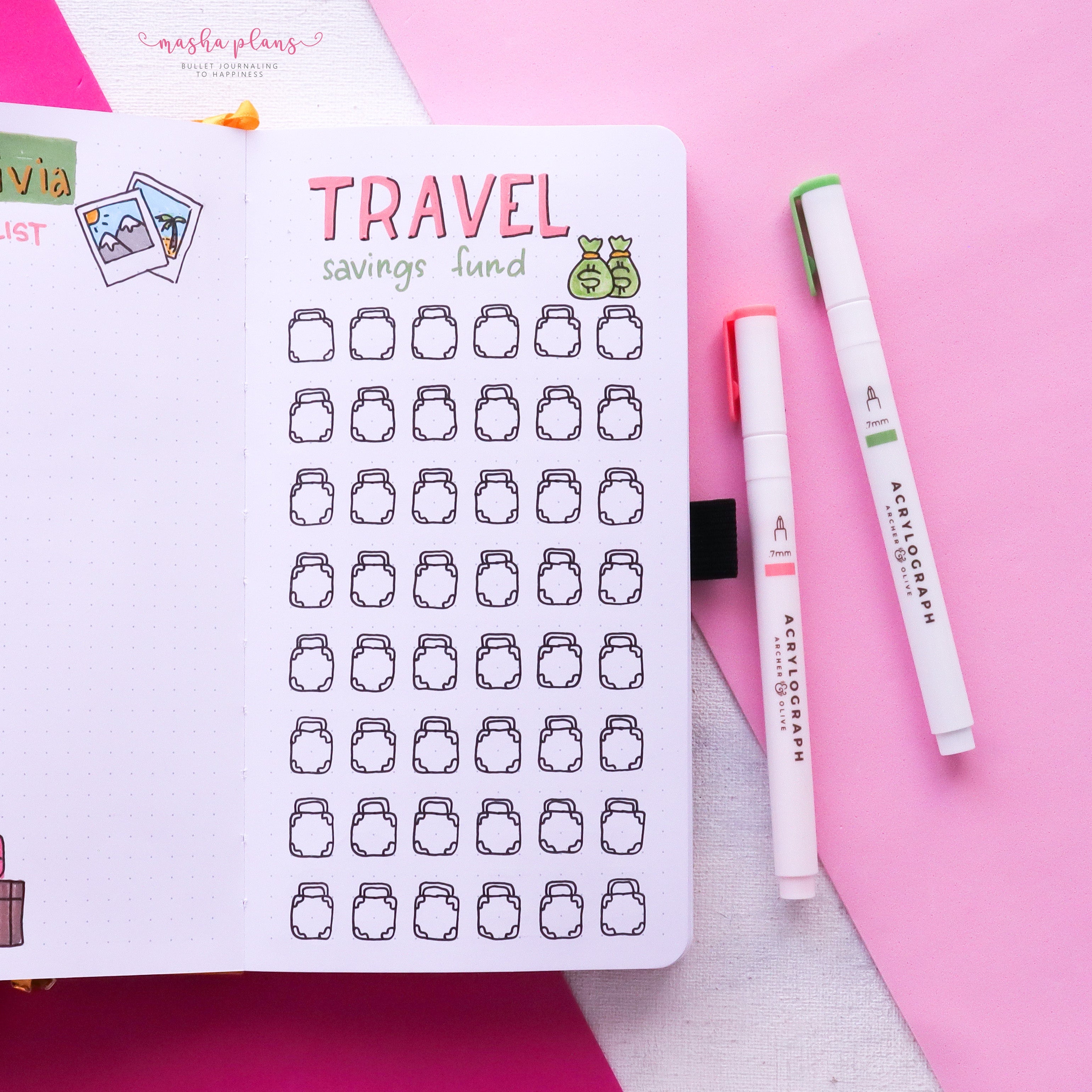 masha plans, travel journal, savings tracker, archer and olive, acrylograph pens