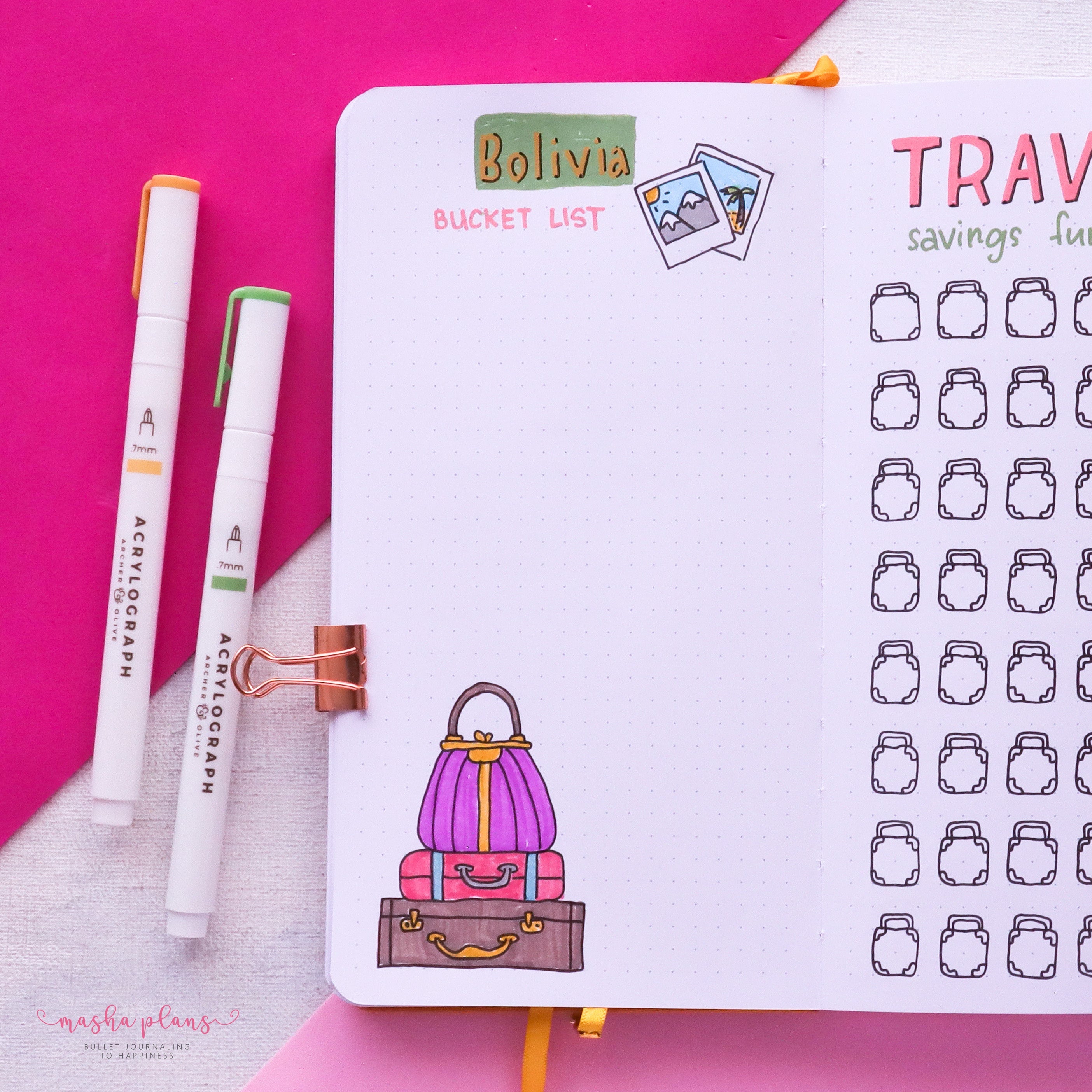 travel journal, travel page, masha plans, bucket list, archer and olive, acrylograph pens